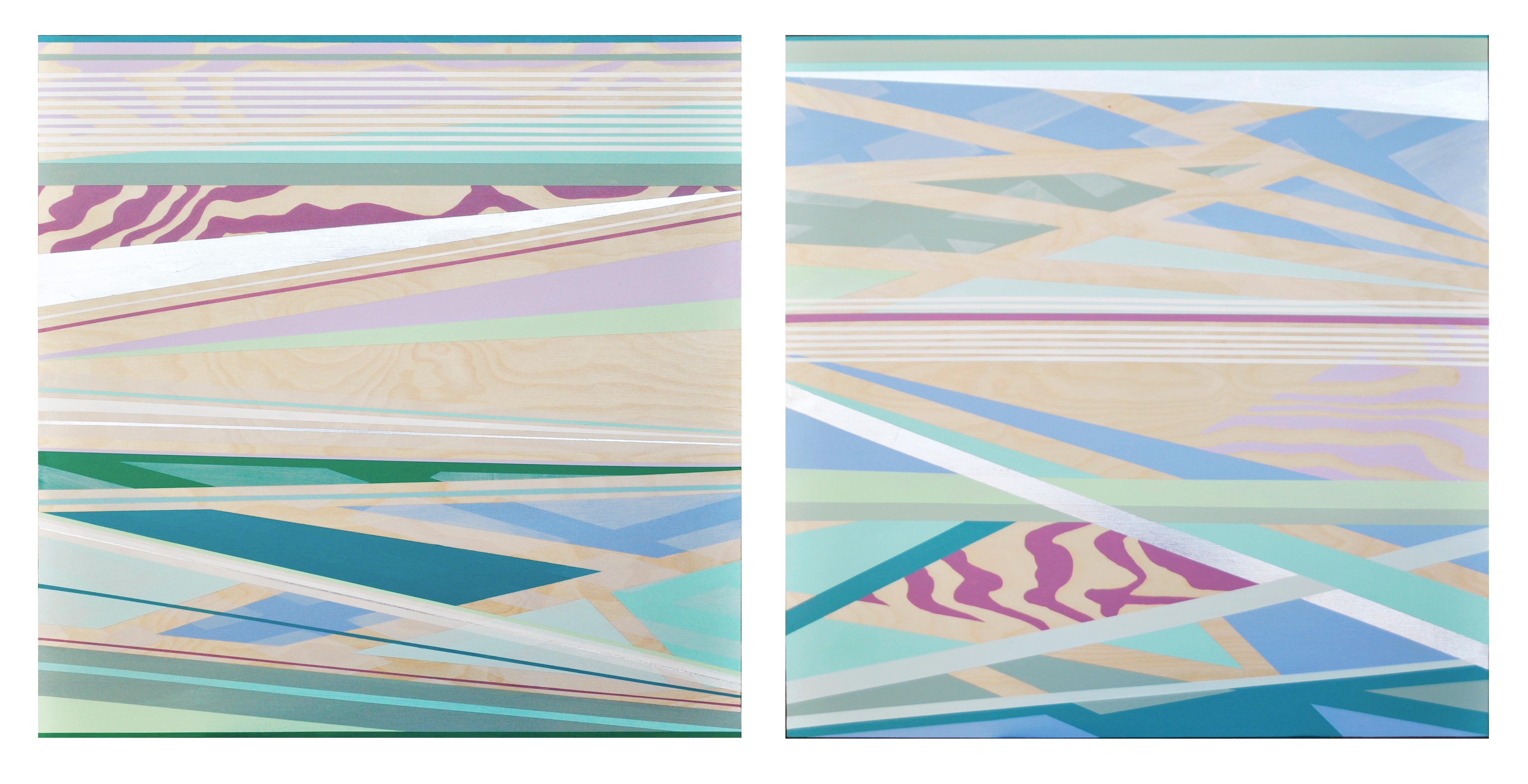 "Winter Horizon" Painting, landscape, pink, teal, blue, orange, green, silver