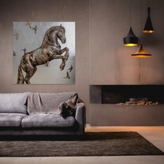 "Gravitas - Friesian Horse with Barn Swallows" - Equine and Bird Oil Painting