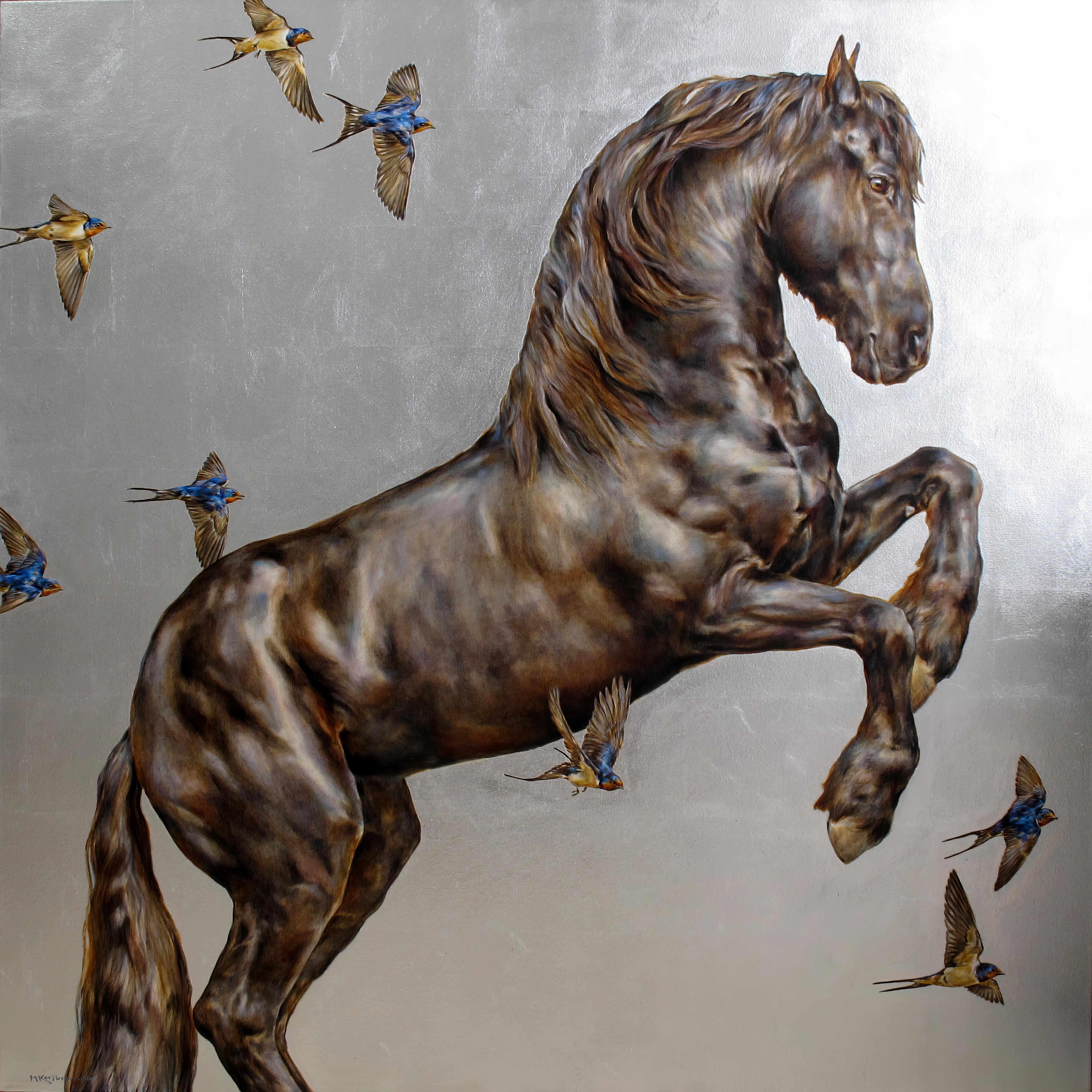 Michele Kortbawi Wilk Figurative Painting - "Gravitas - Friesian Horse with Barn Swallows" - Equine and Bird Oil Painting