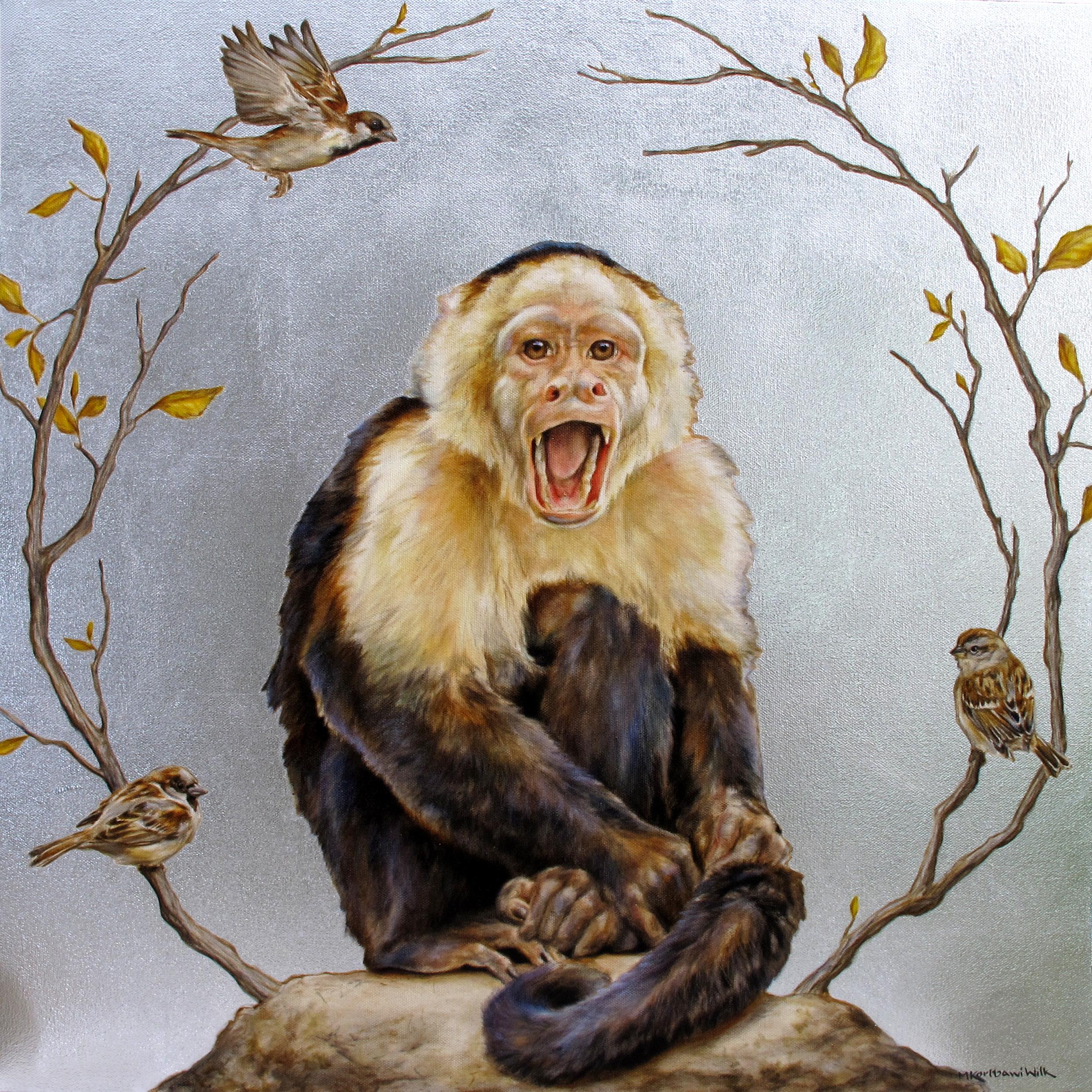 Michele Kortbawi Wilk Figurative Painting - "Monkey Shock" - Oil Painting with Silver Leaf featuring a Primate and Sparrows