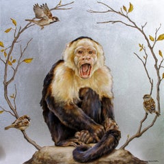 "Monkey Shock" - Peinture à l'huile avec feuille d'argent représentant un Primate et des moineaux