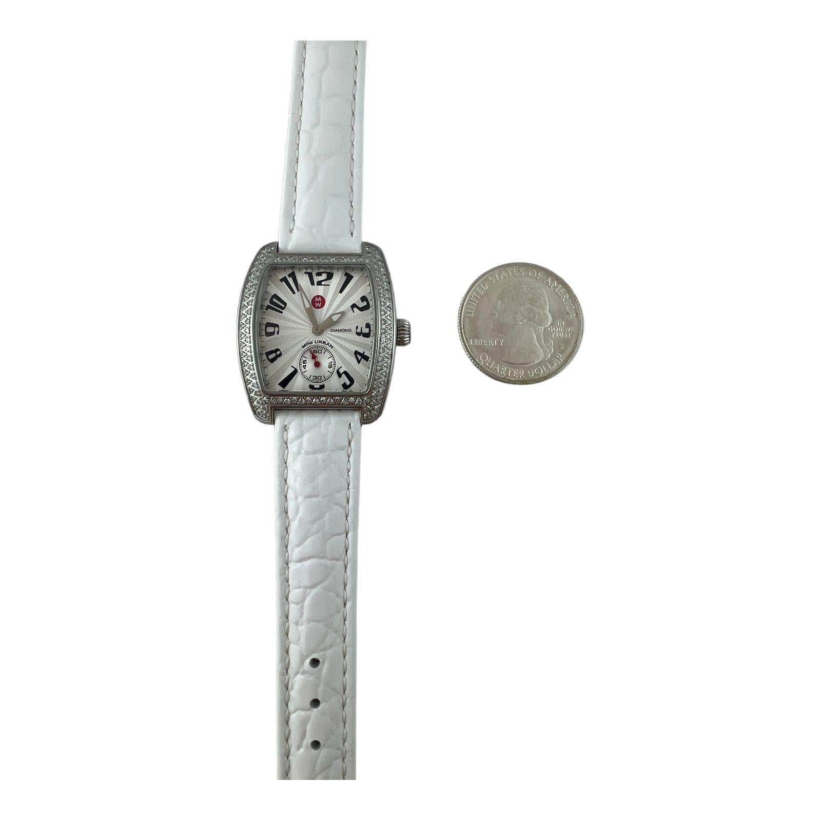Michele Ladies Mini Urban Diamond Watch White Band Silver Dial For Sale 3