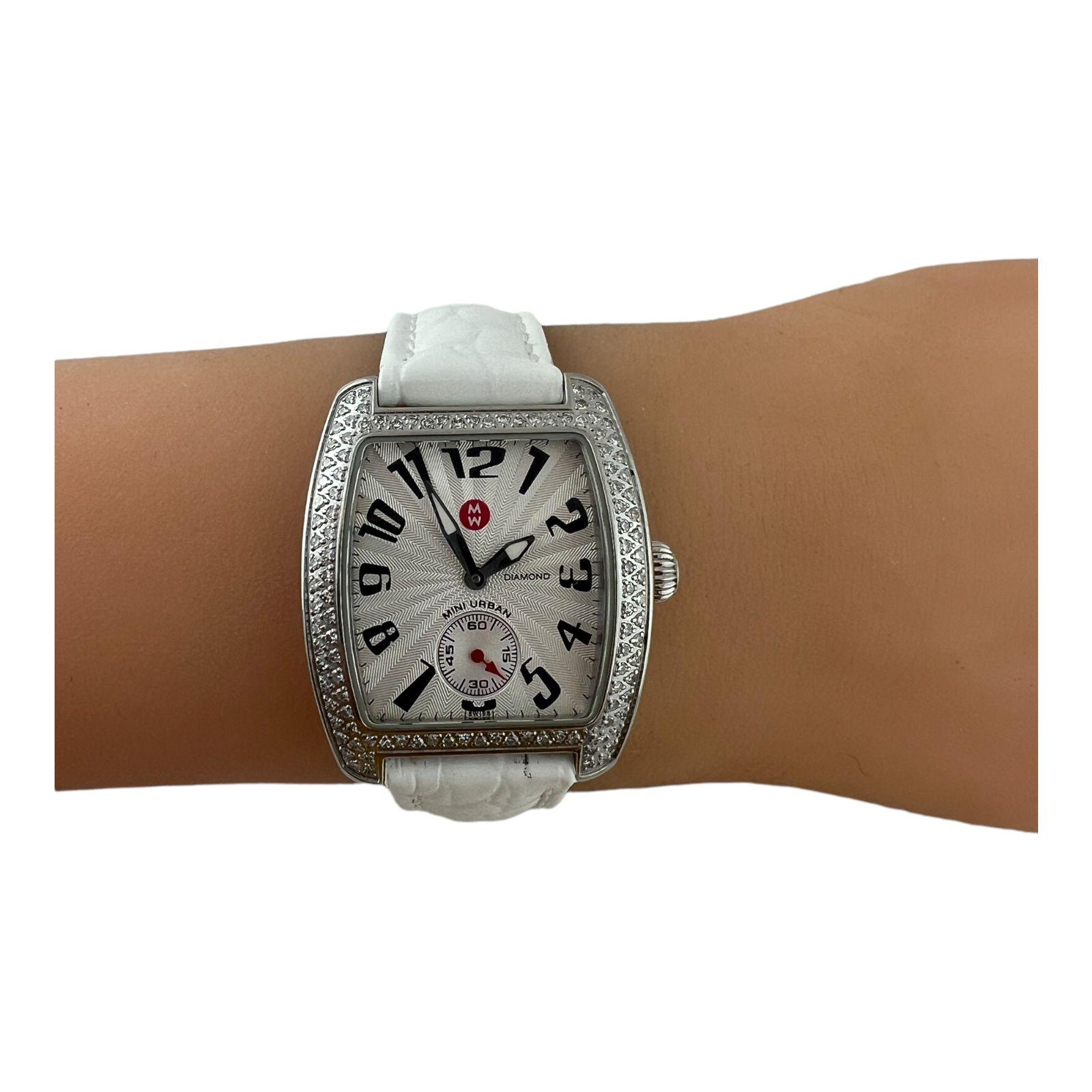 Michele Ladies Mini Urban Diamond Watch White Band Silver Dial For Sale 4