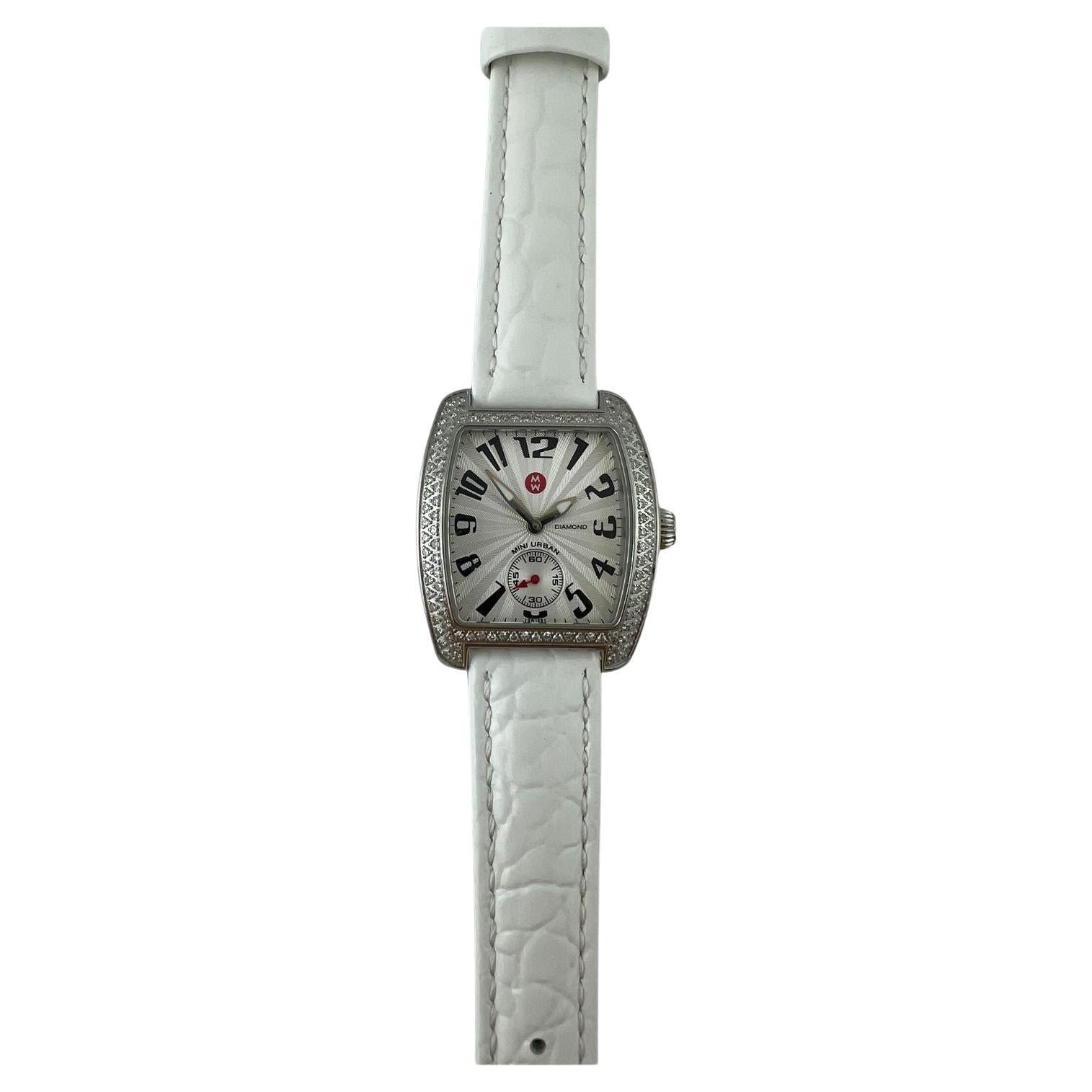 Michele Mini Urban Montre pour femmes avec bracelet blanc et cadran argenté