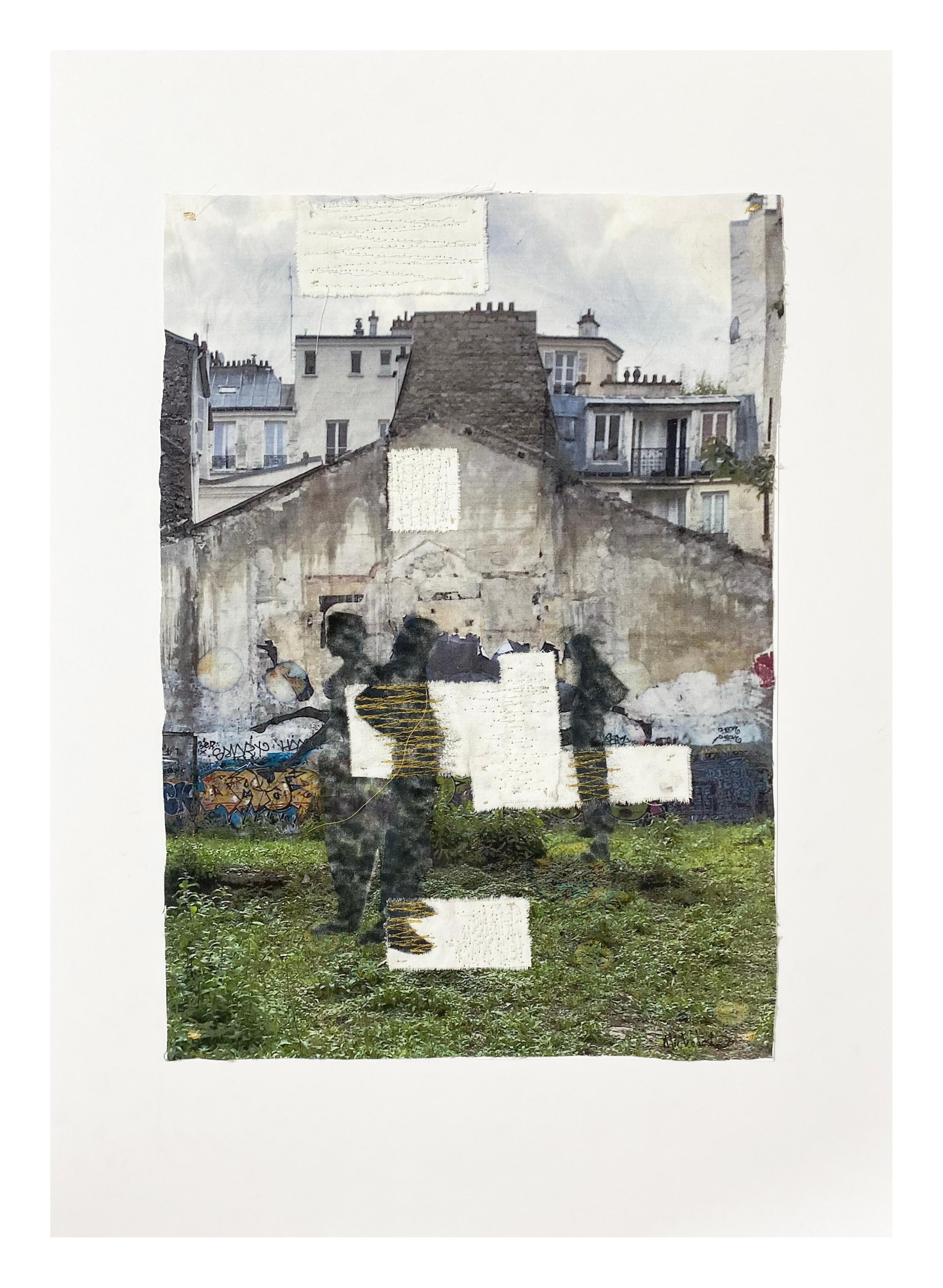 Michele Landel Figurative Photograph - Alfred-grey green contemporary figurative photo transfer on paper and thread