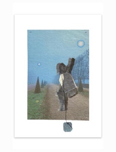 Zeitgenössische blaue figurative Fotoübertragung auf Papier mit Faden