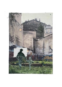 Dorothy -grey green contemporary figurative photo transfer on paper with thread