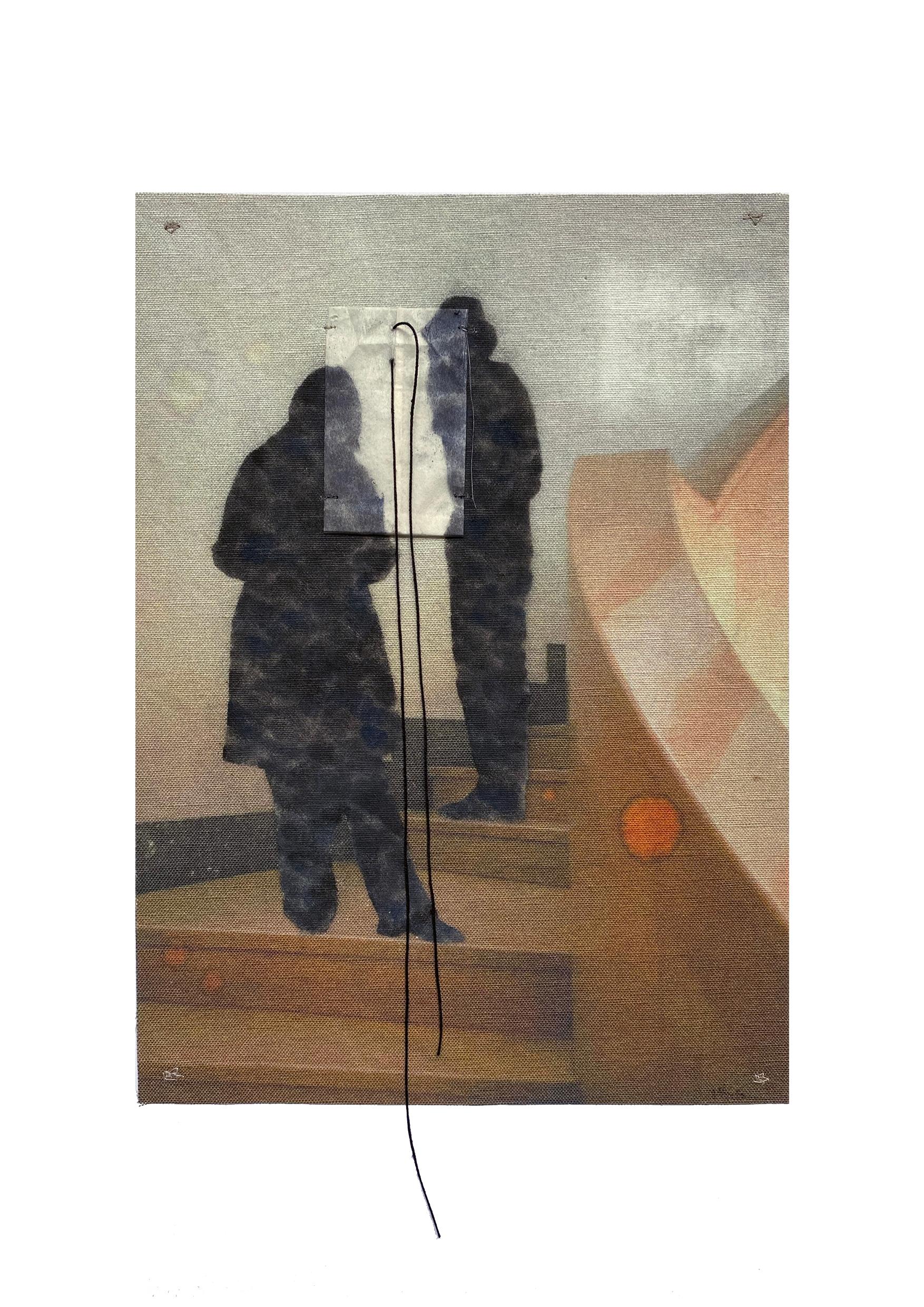 Elizabeth -Transfert de photos figuratives sur papier avec du tissu et du fil - Mixed Media Art de Michele Landel