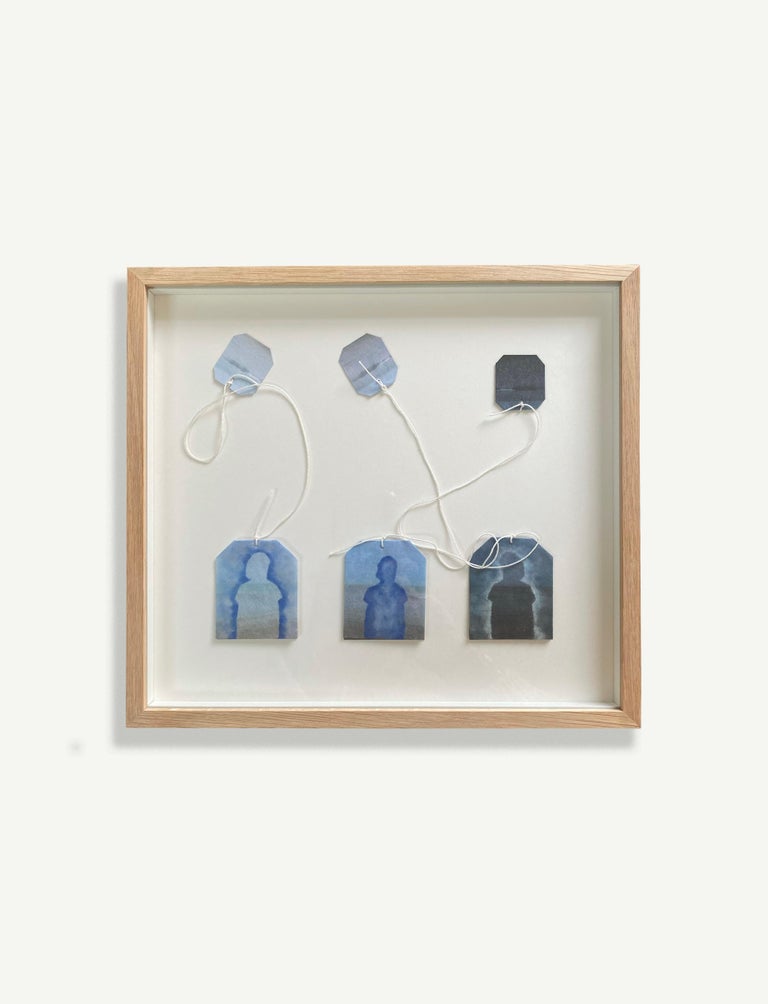 Good- blue contemporary figurative photo transfer of women on paper and thread - Mixed Media Art by Michele Landel