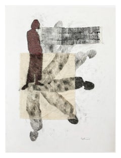 Headstand-grey white contemporary figurative photo transfer on paper and thread