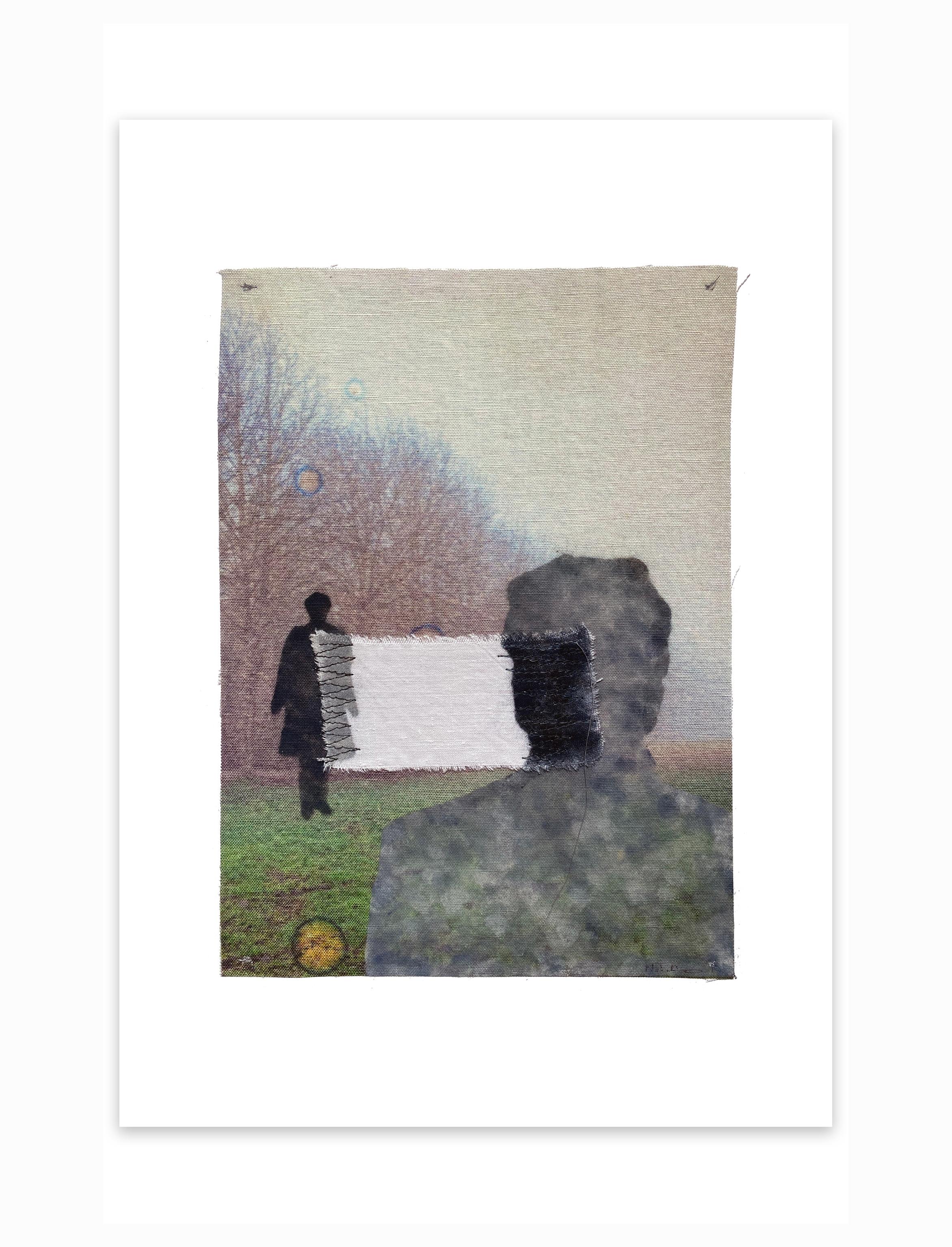Réservé - transfert de photos figuratives contemporaines en couleur douce sur papier avec fil