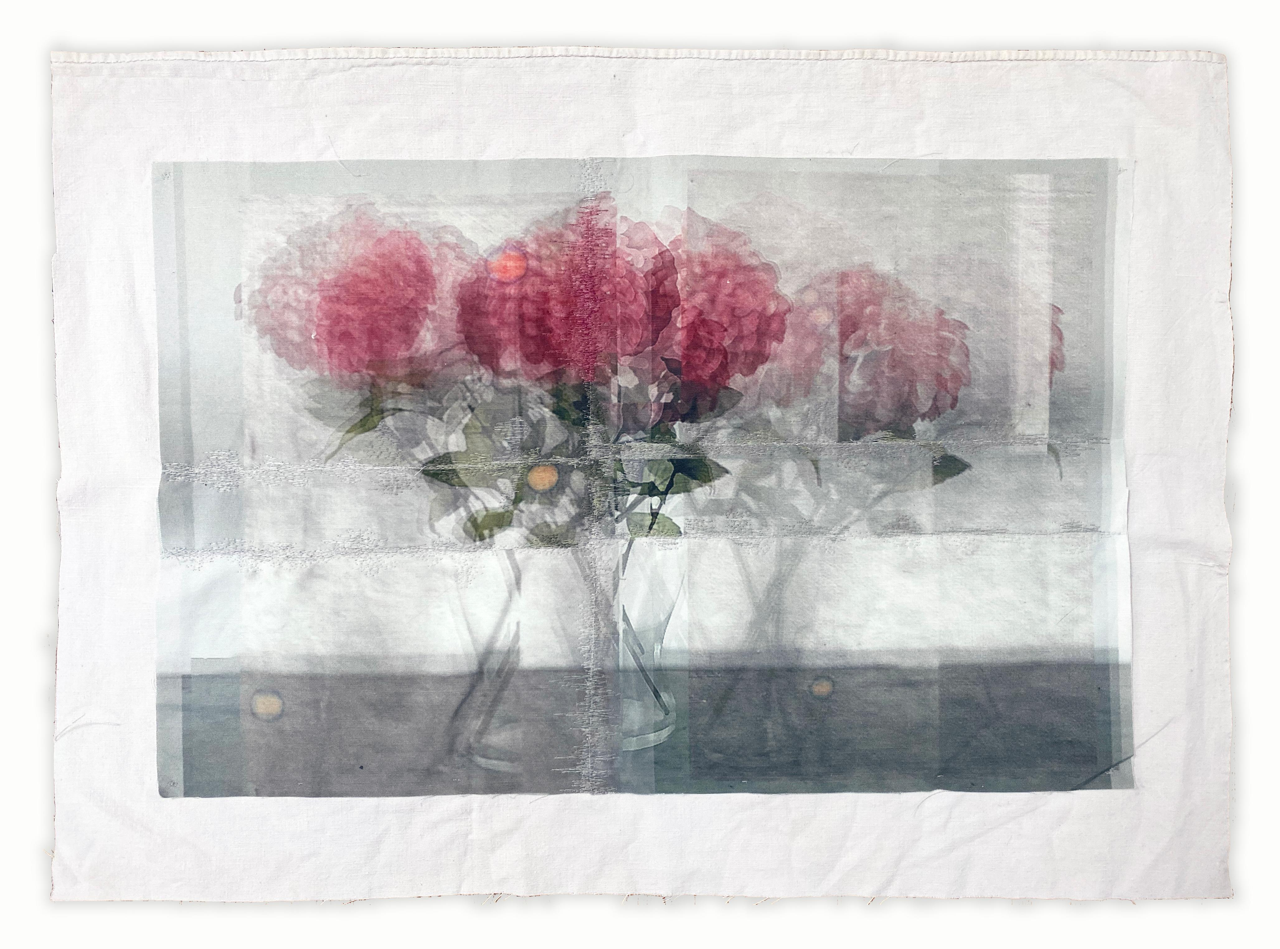 Offering Flower- pink white contemporary photo transfer and thread on fabric - Mixed Media Art by Michele Landel