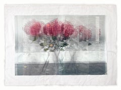 Offering Flower- pink white contemporary photo transfer and thread on fabric