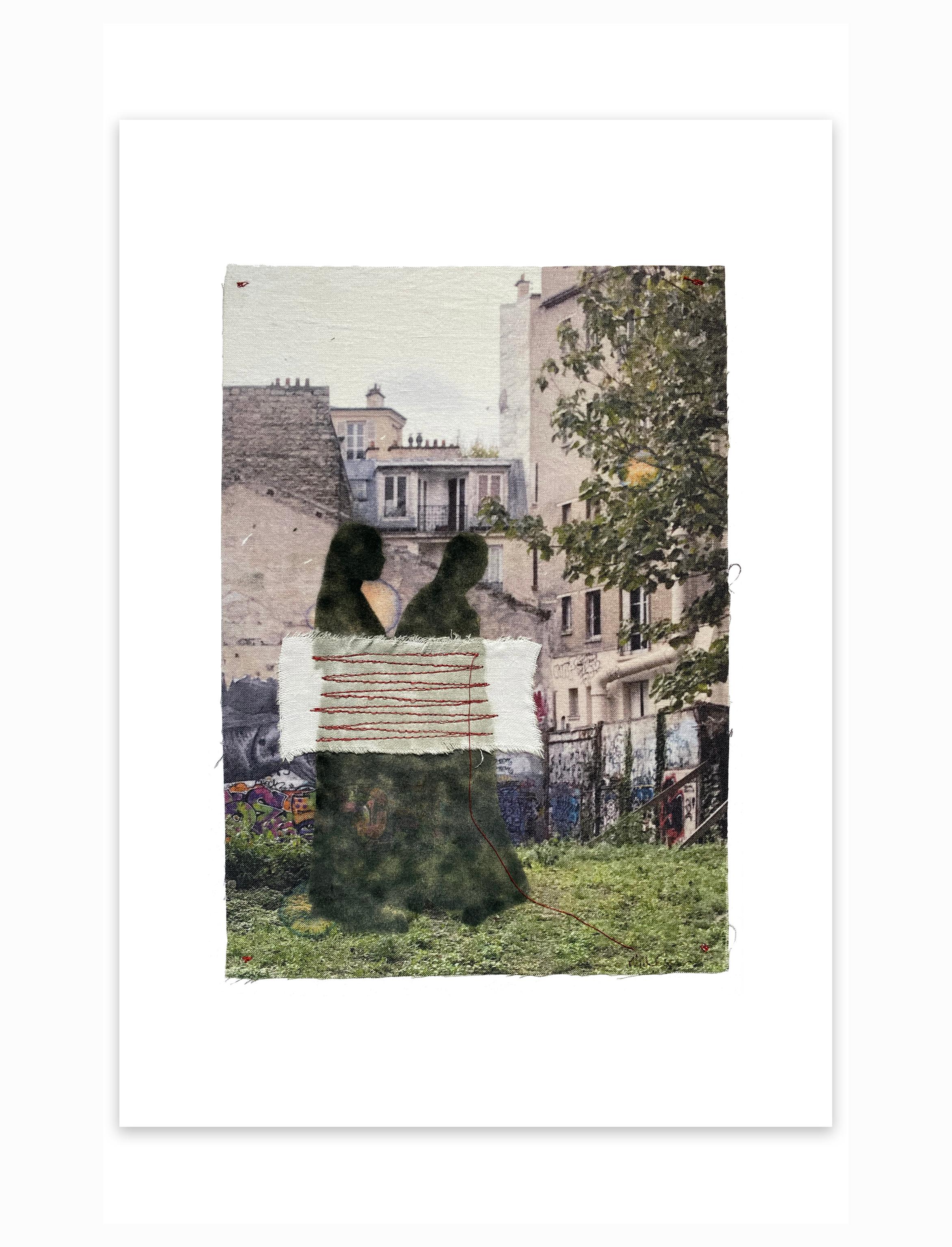 Stella -soft color contemporary figurative photo transfer on paper with thread