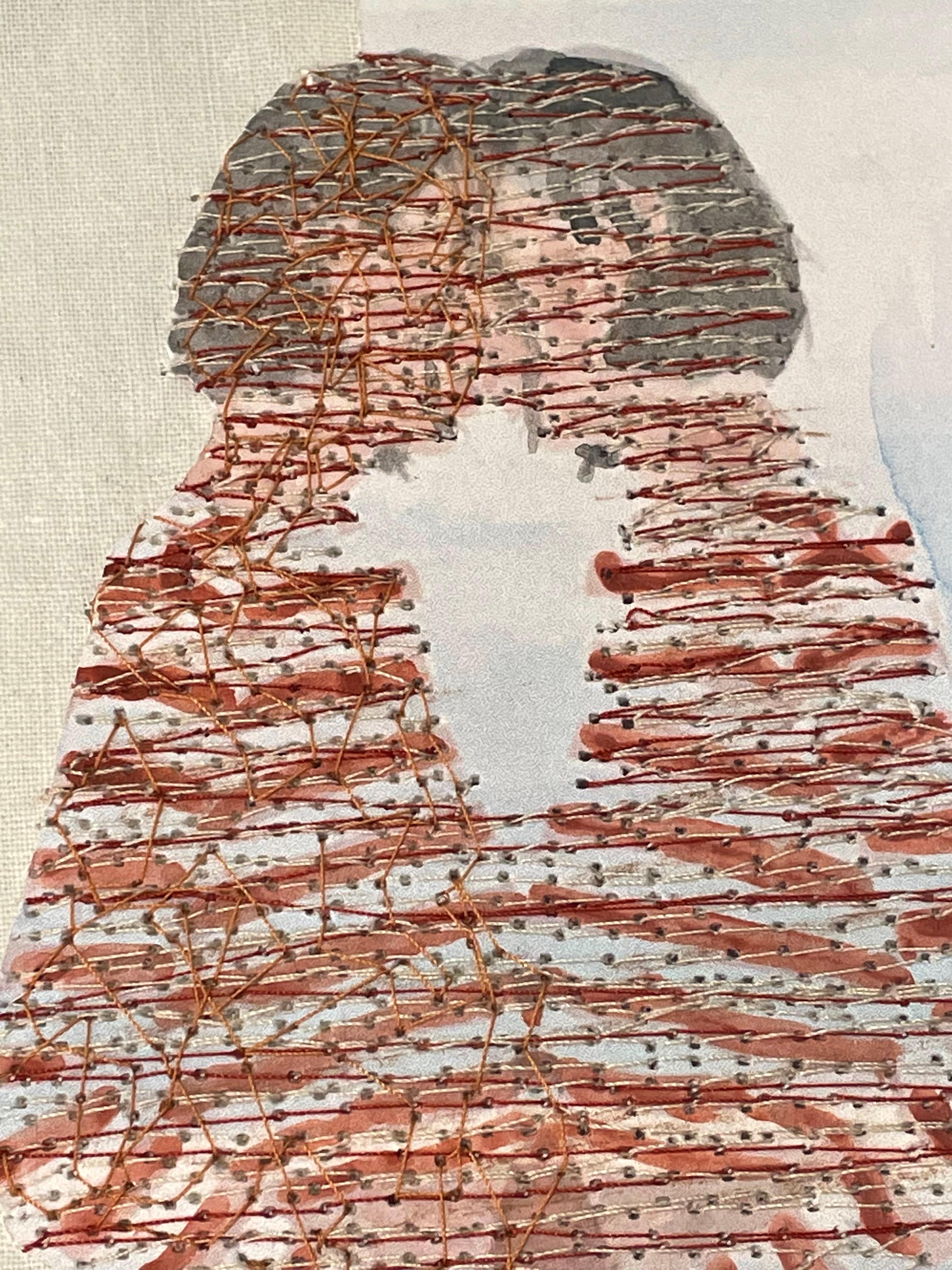 Striding- blue red contemporary photo transfer of women on paper with thread - Photograph by Michele Landel