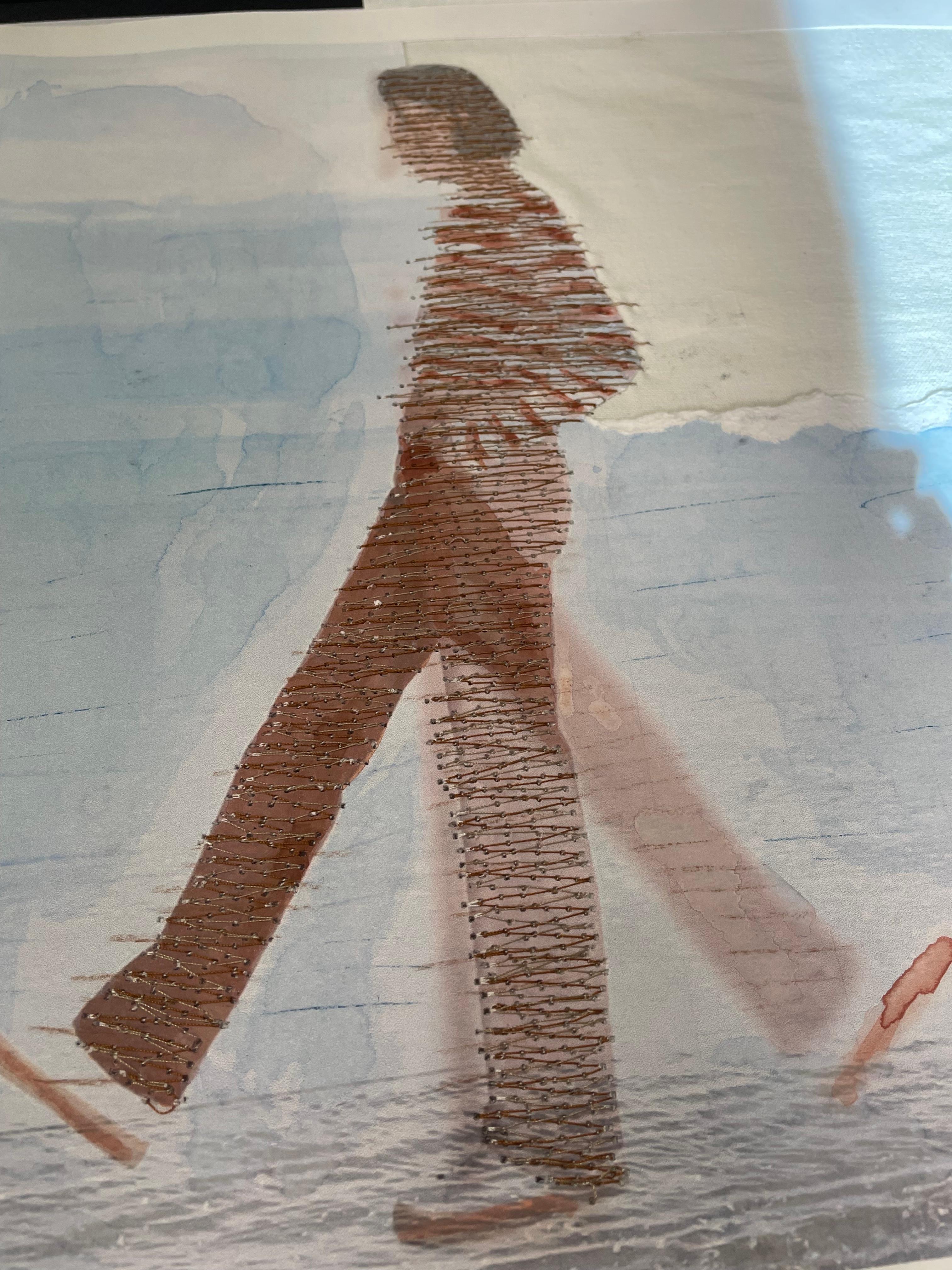 Striding- blue red contemporary photo transfer of women on paper with thread 1