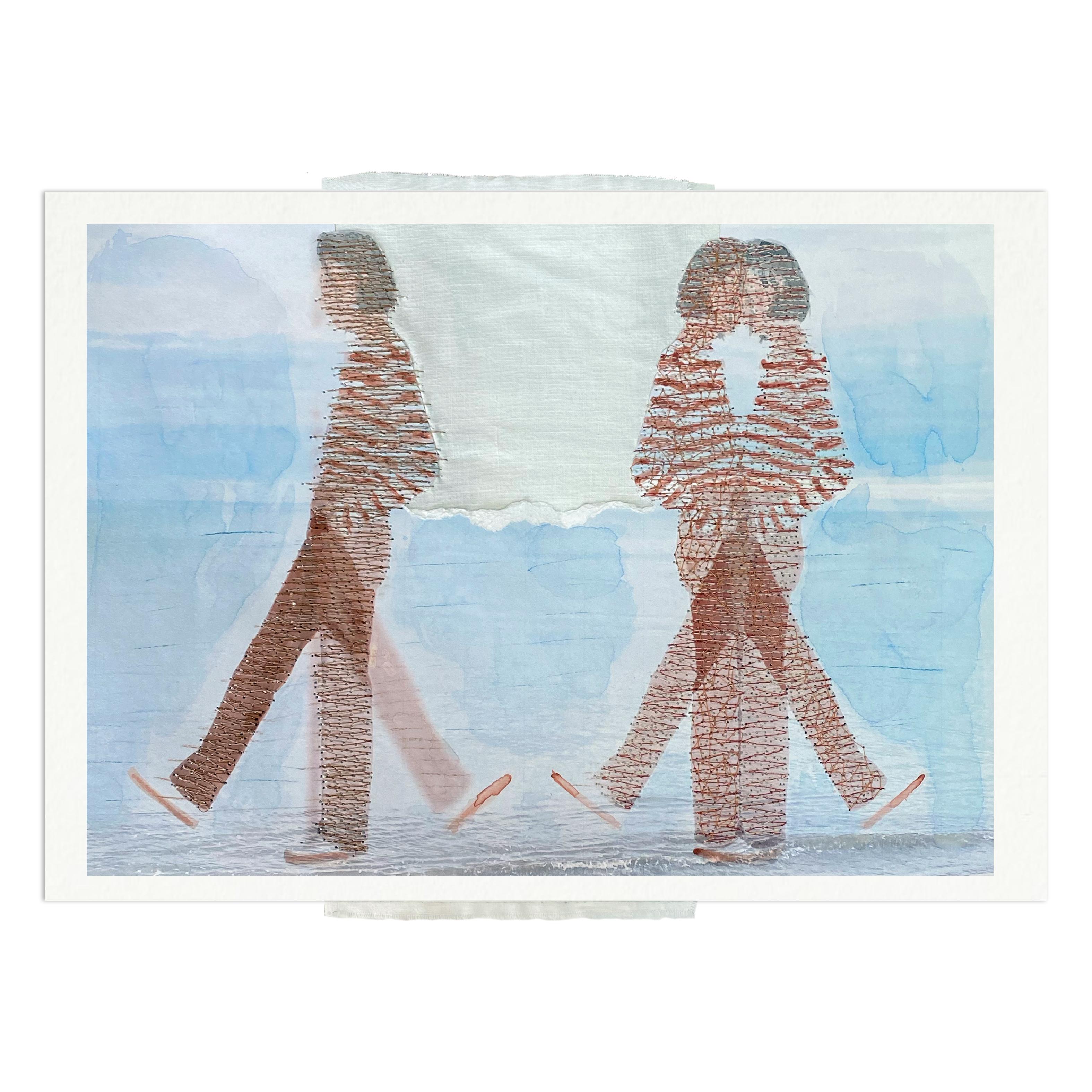 Michele Landel Figurative Photograph - Striding- blue red contemporary photo transfer of women on paper with thread