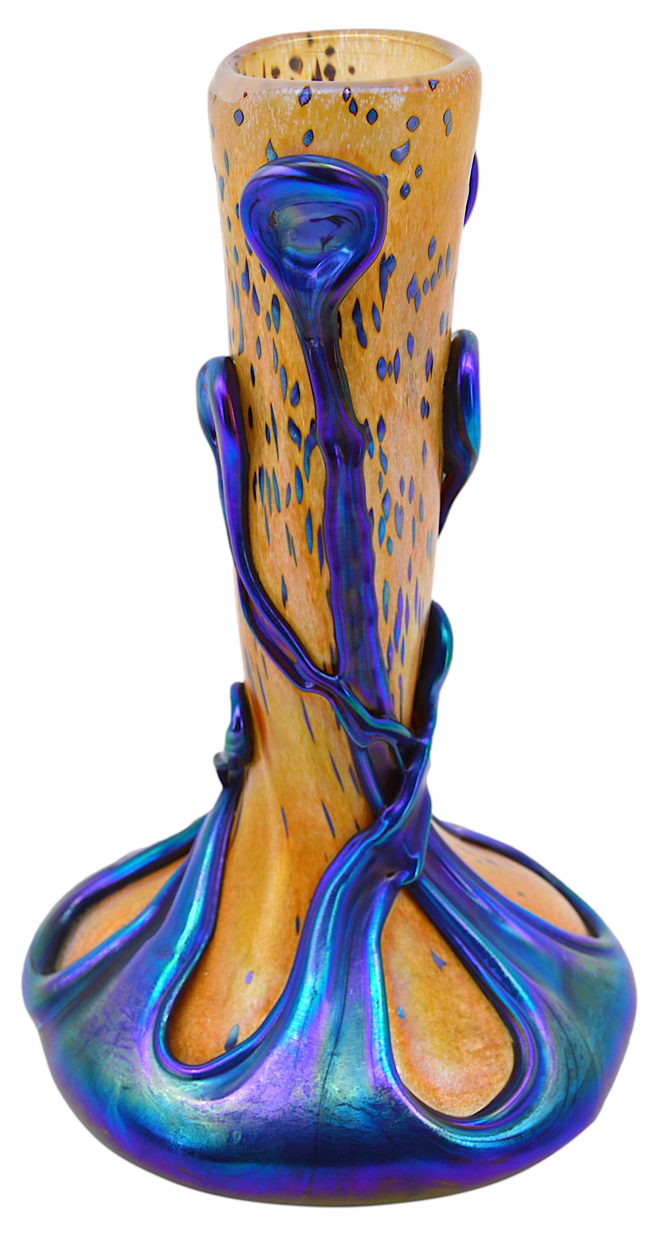 Art glass vase by Michèle Luzoro, Biot, France, 1991. This wonderful vase offers strong colors in peach and blue. This decor is one of the most sought after by Michèle Luzoro. Marked under the base 