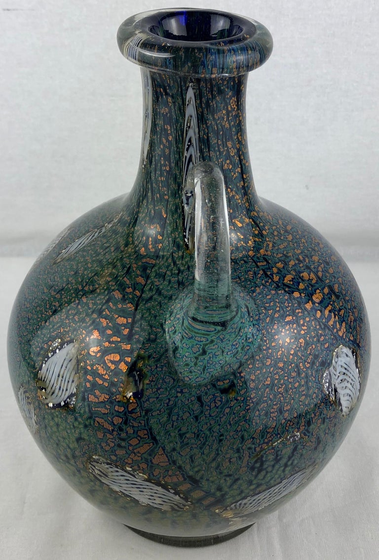 Michele Luzoro French Large Blue Gold Fleck Hand Blown Art Glass Stem Vase  For Sale at 1stDibs