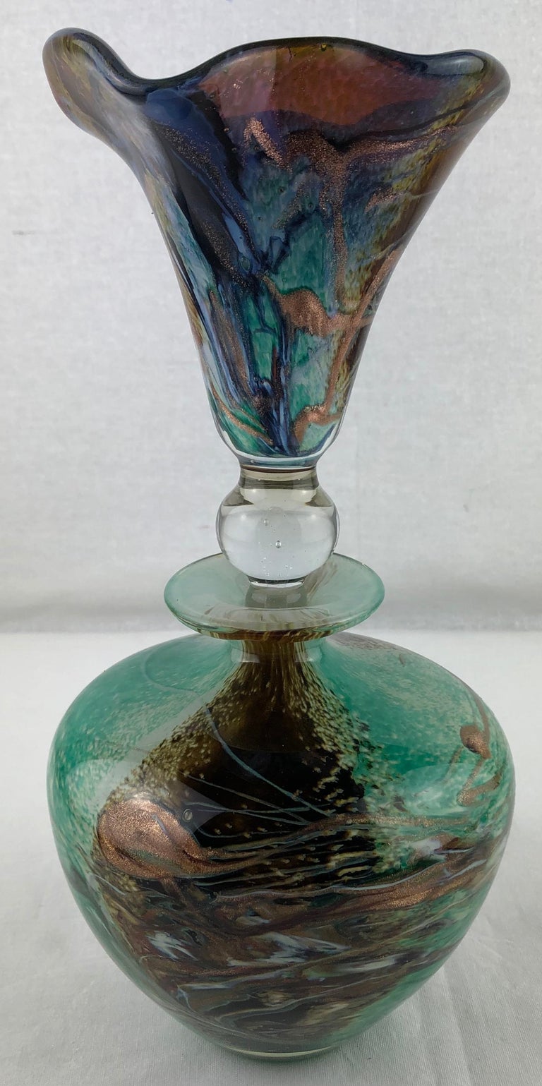 Michele Luzoro French Large Blue Gold Fleck Hand Blown Art Glass Perfume Bottle For Sale 7