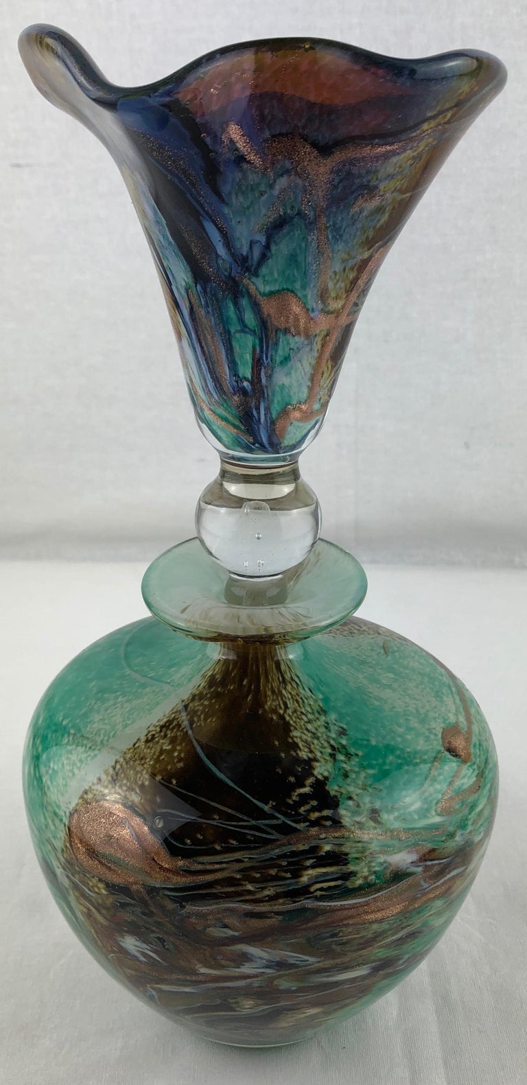 Michele Luzoro French Large Blue Gold Fleck Hand Blown Art Glass Perfume Bottle In Good Condition For Sale In Miami, FL