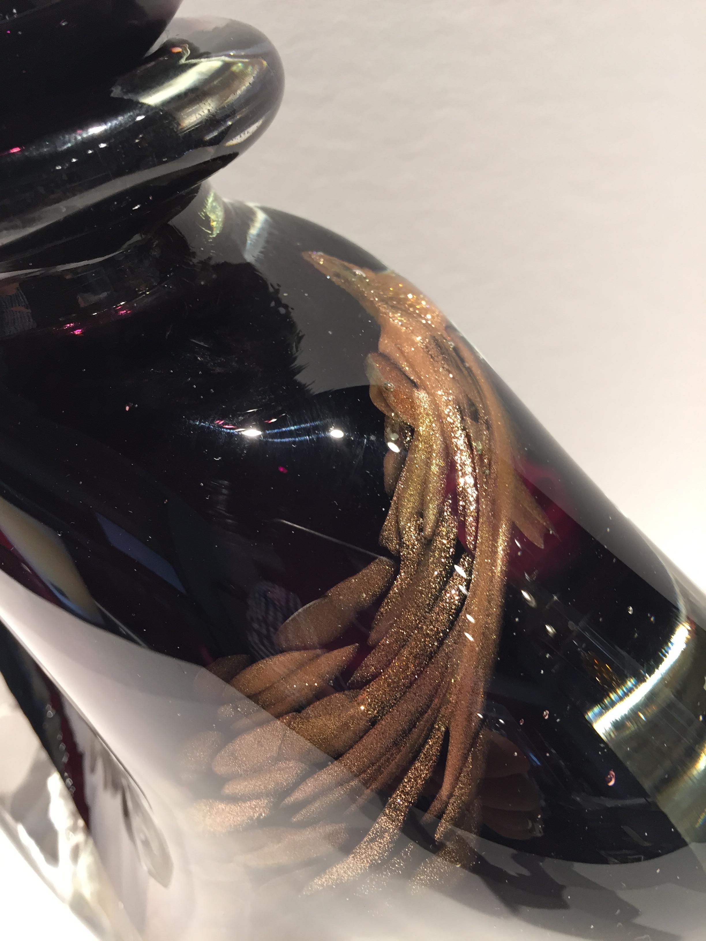 Verre Flacon de parfum français Luzoro à mouchetures violettes et dorées massives de Michele