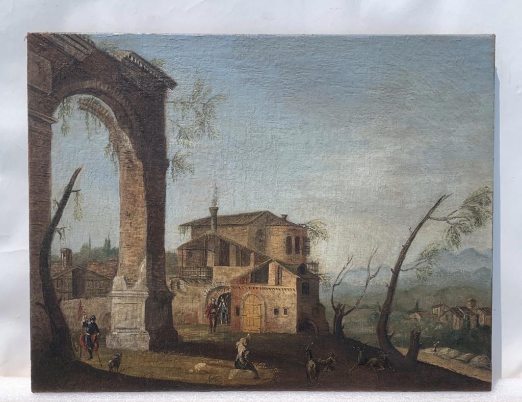 Follower Marieschi - 18th century Venetian landscape painting - Ruins figure  - Painting by Michele Marieschi