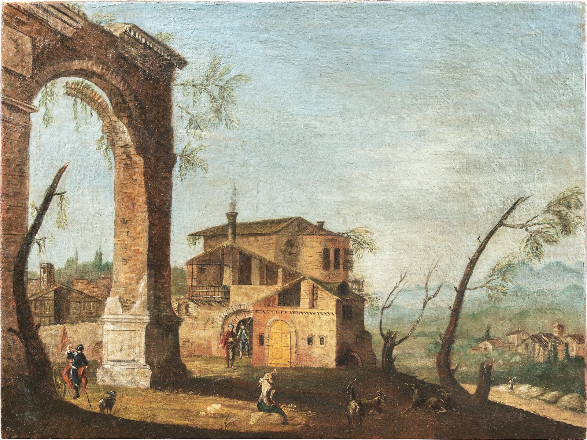 Michele Marieschi Landscape Painting - Follower Marieschi - 18th century Venetian landscape painting - Ruins figure 
