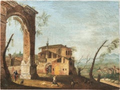 Follower Marieschi - 18th century Venetian landscape painting - Ruins figure 