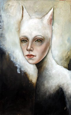 Huile sur toile « Bast » de Michele Mikesell:: portrait figuratif ressemblant à un chat