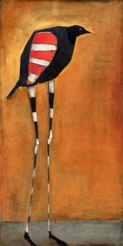 Bird of Ares, Oil on canvas, pop sureal contemporary whimsical orange painting