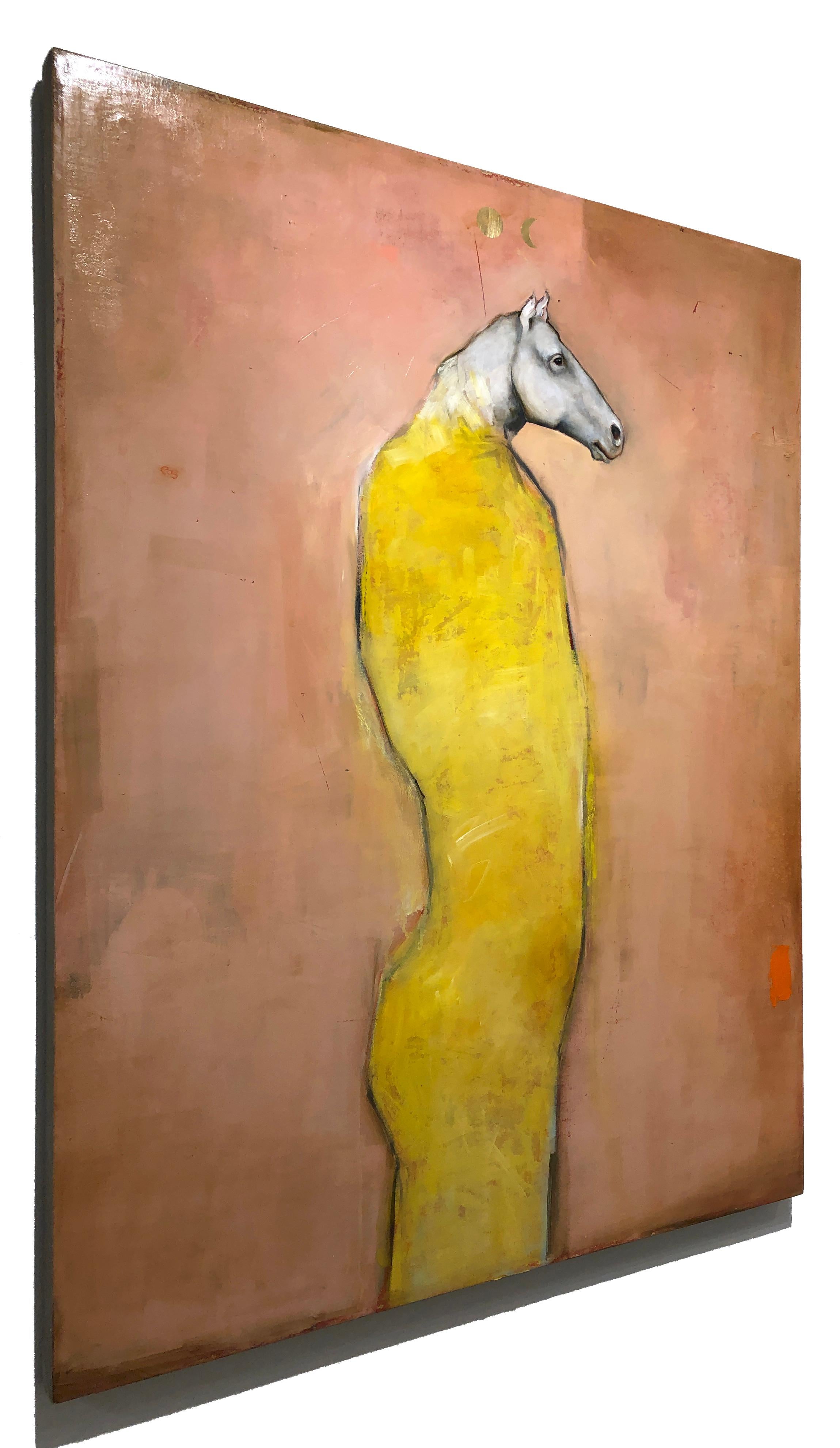 Eos -Mythical horse figure, Oil on canvas, pop contemporary whimsical painting - Orange Portrait Painting by Michele Mikesell