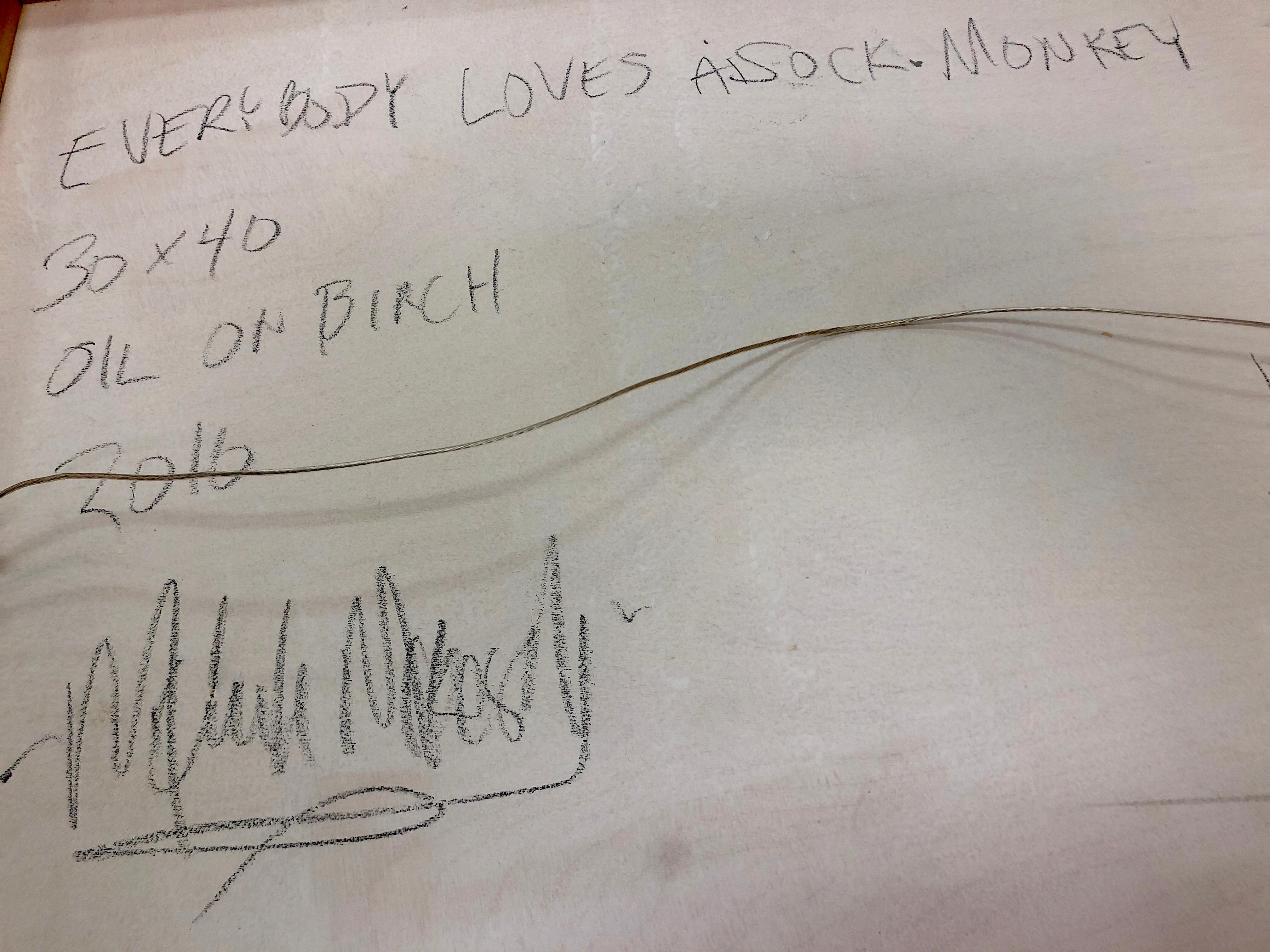 Everybody Loves a Sock Monkey - oil on wood - whimsical figurative painting 4