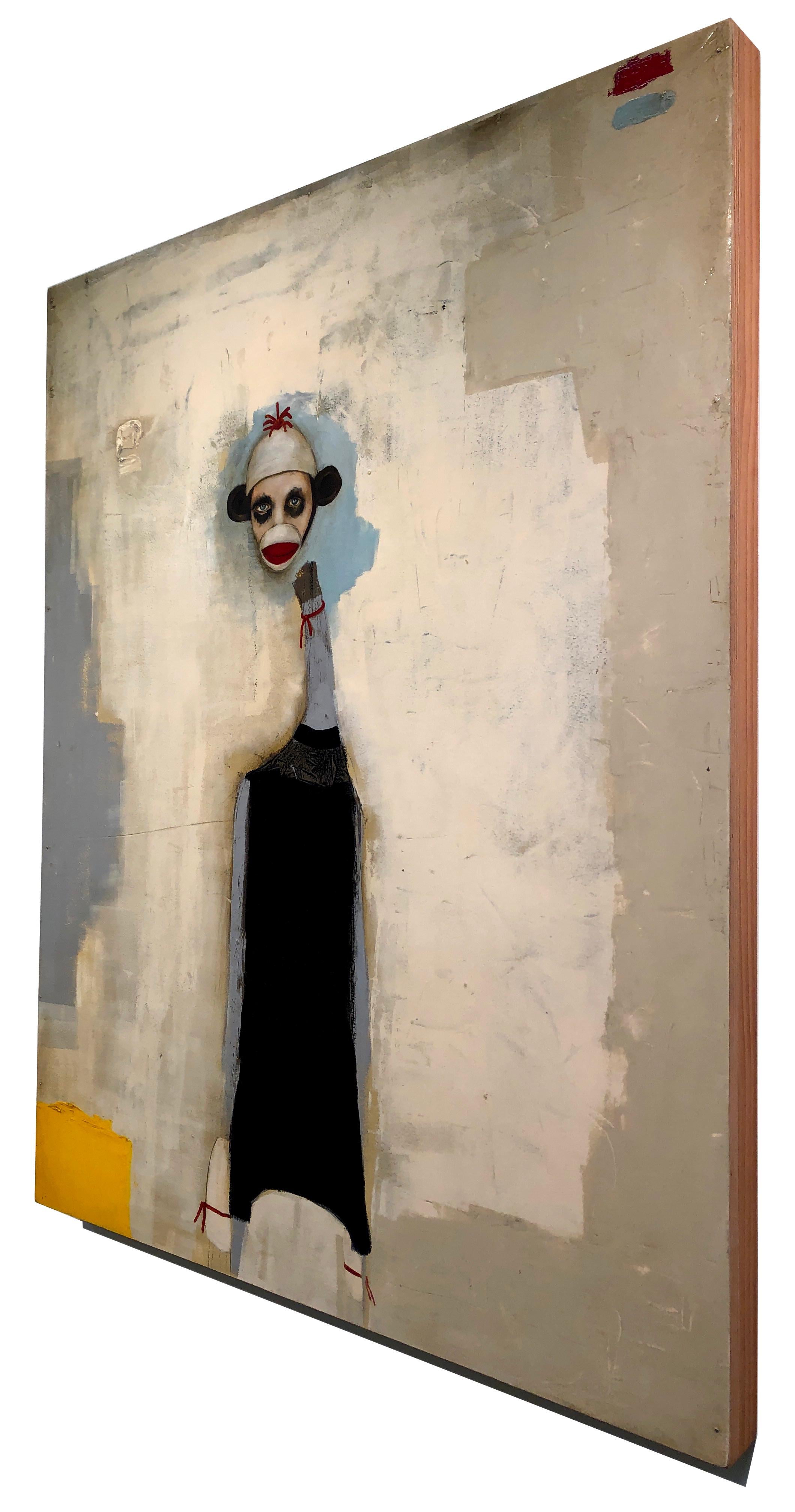 Everybody Loves a Sock Monkey - oil on wood - whimsical figurative painting - Other Art Style Painting by Michele Mikesell