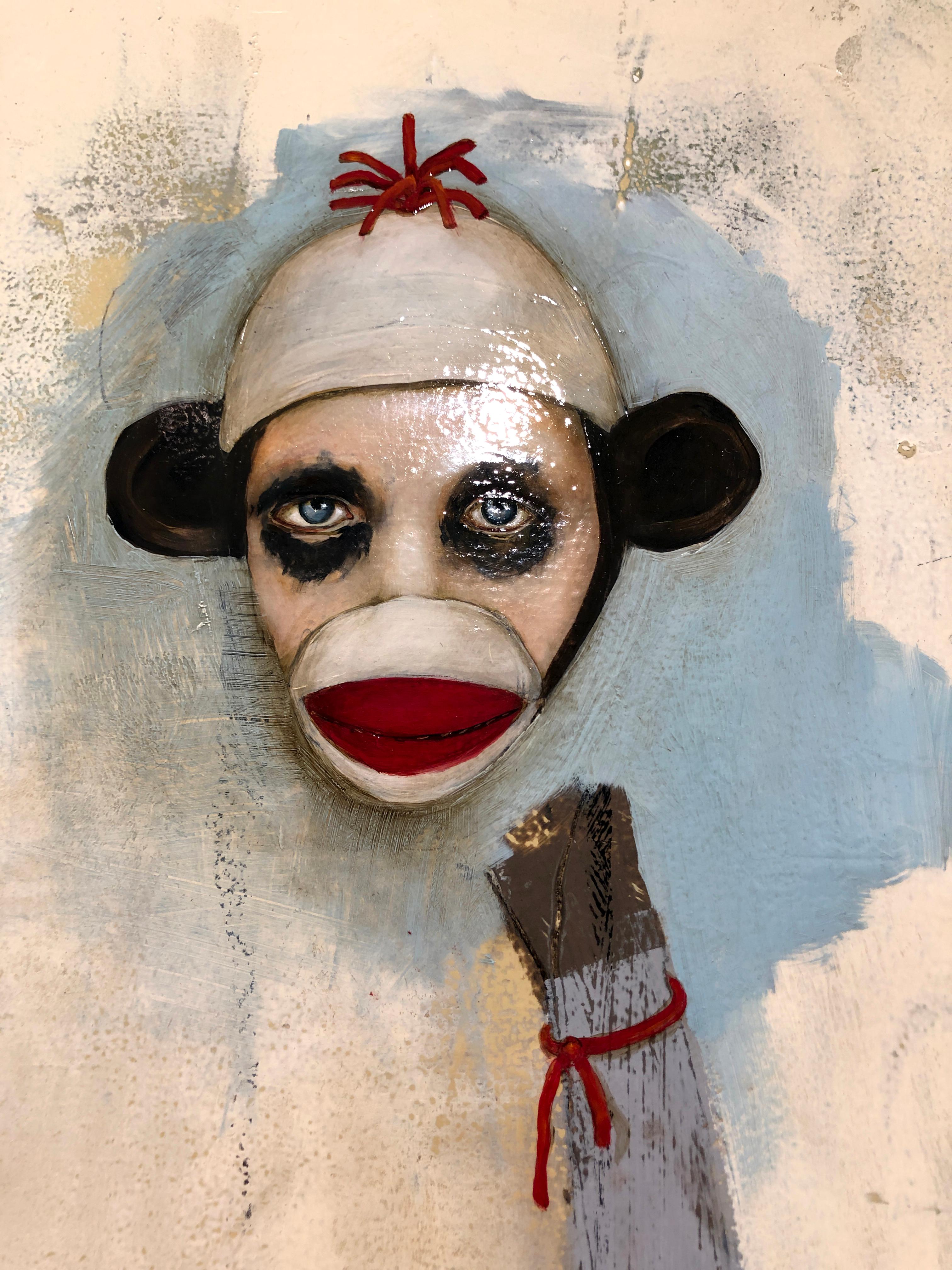 Everybody Loves a Sock Monkey - oil on wood - whimsical figurative painting  - Beige Figurative Painting by Michele Mikesell