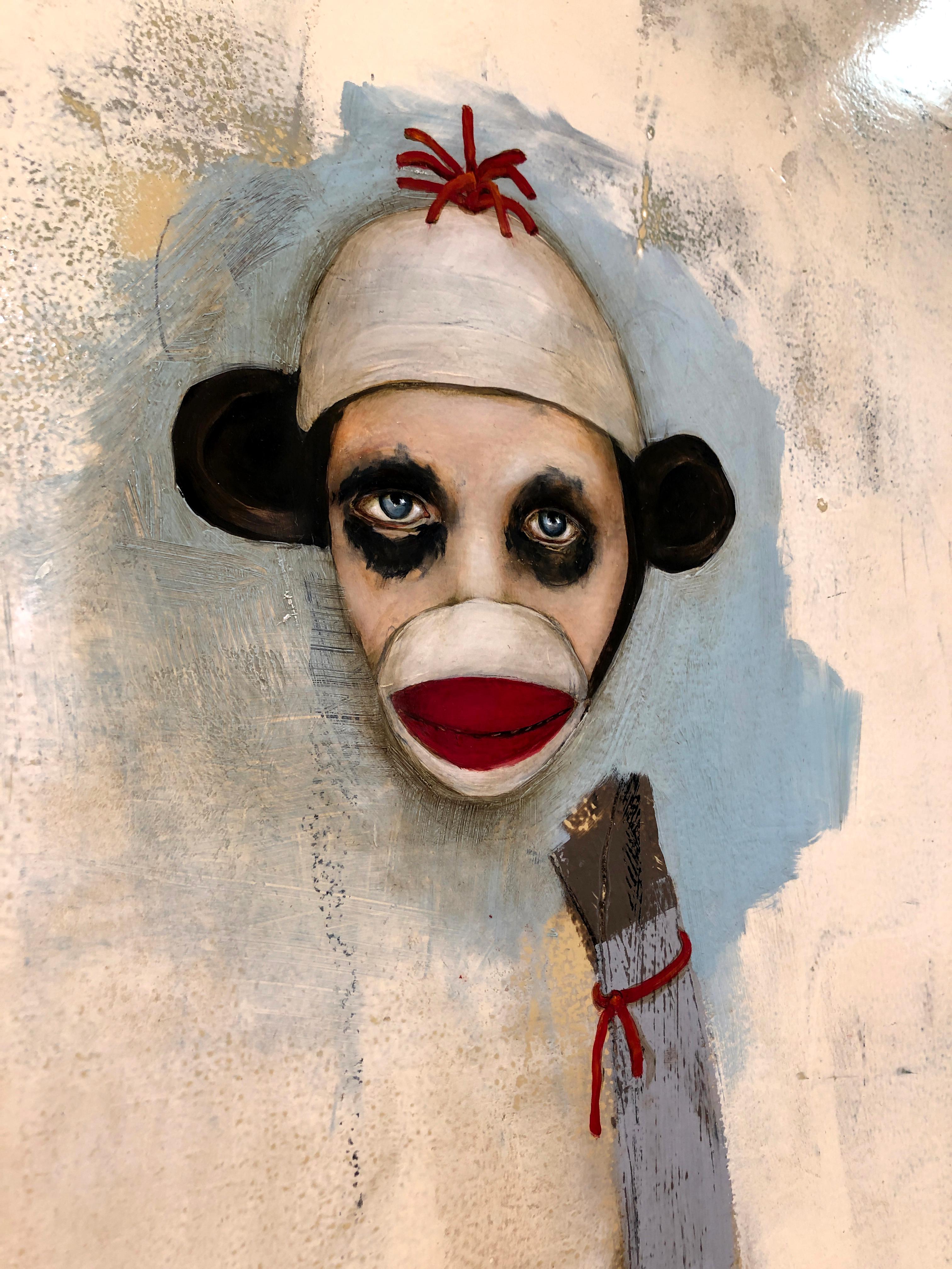 Everybody Loves a Sock Monkey - oil on wood - whimsical figurative painting 1