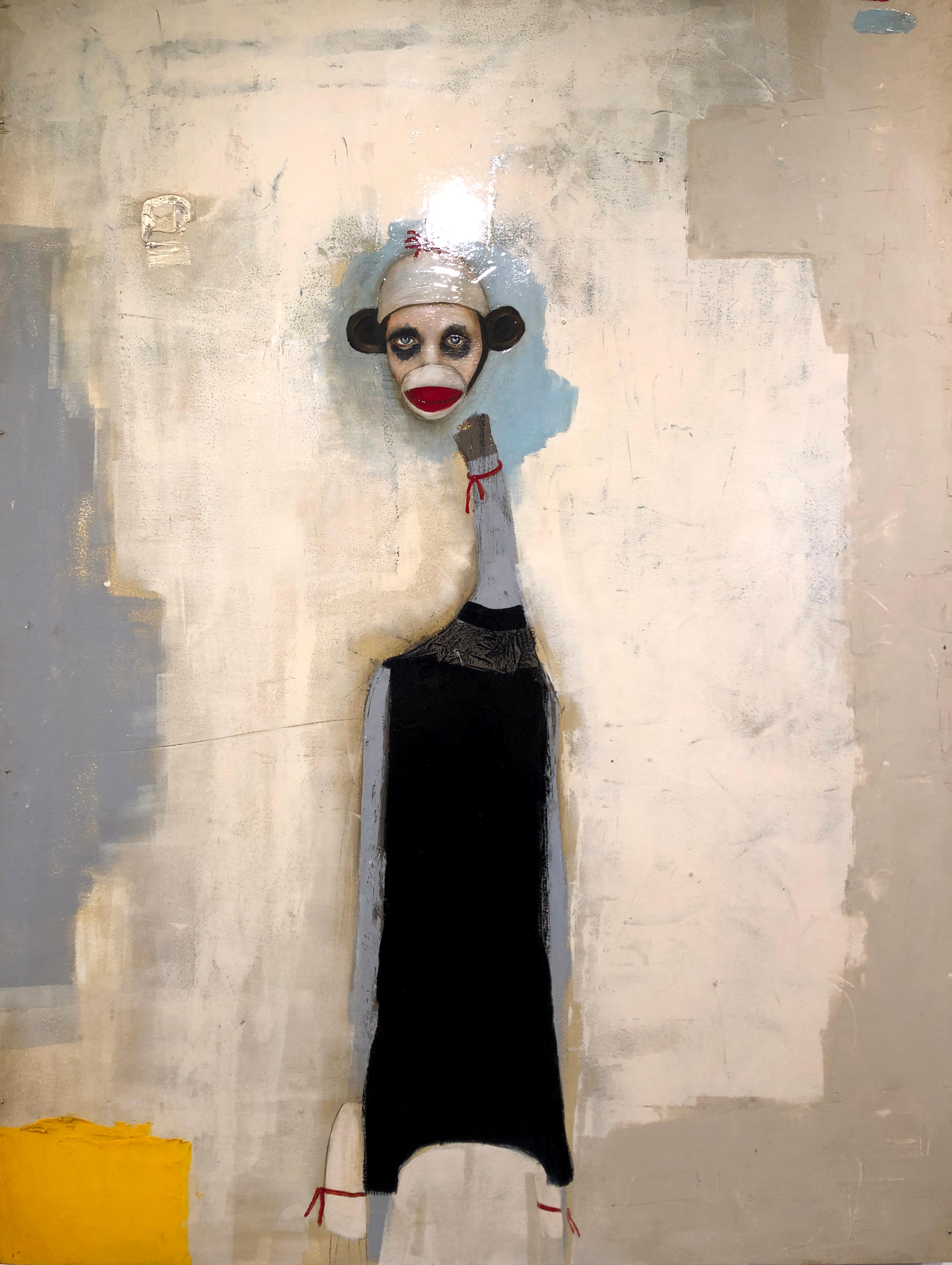 Michele Mikesell Figurative Painting - Everybody Loves a Sock Monkey - oil on wood - whimsical figurative painting