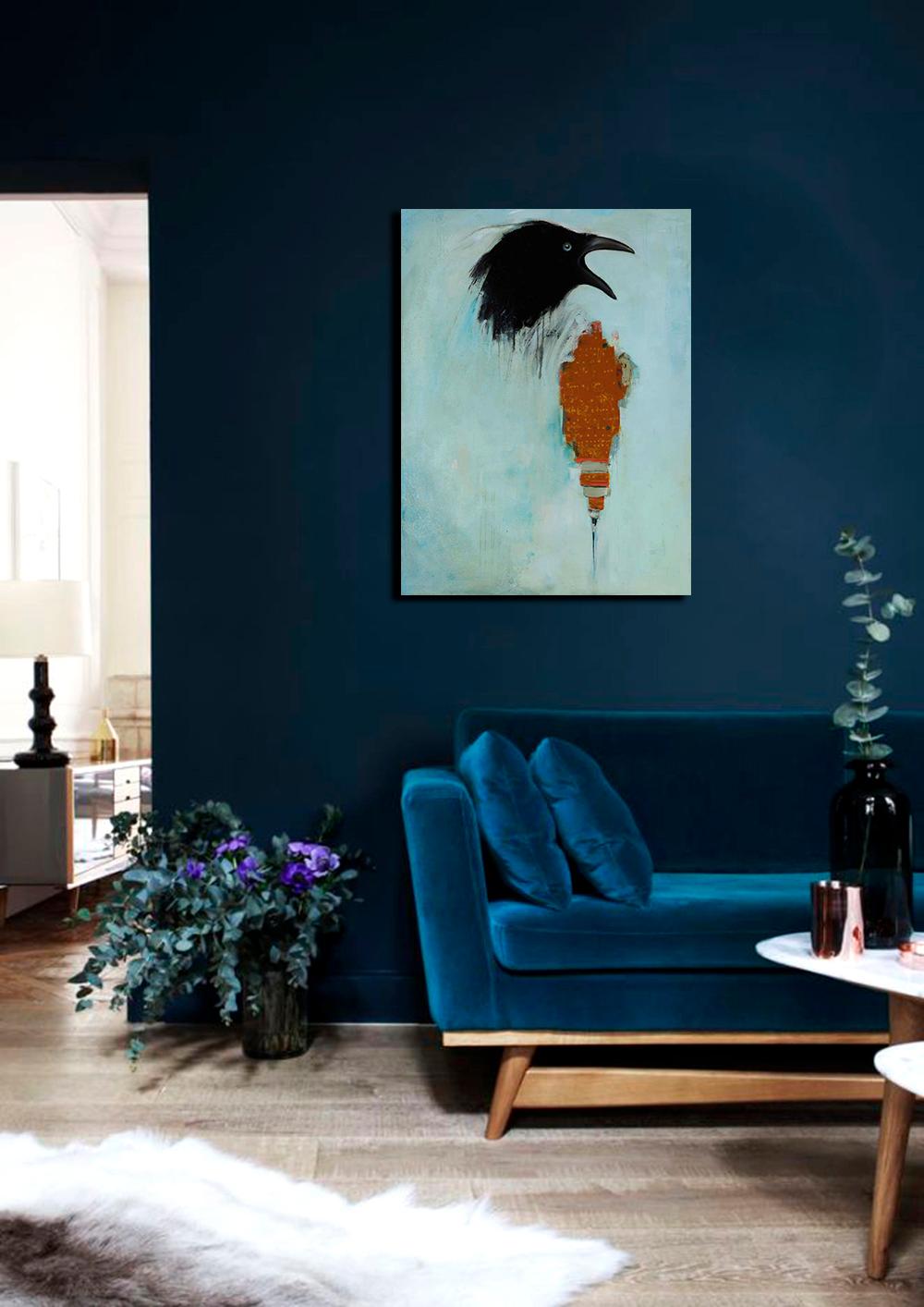 Go Dolphin Home, animal abstract painting, oil on canvas, blue with black bird - Painting by Michele Mikesell