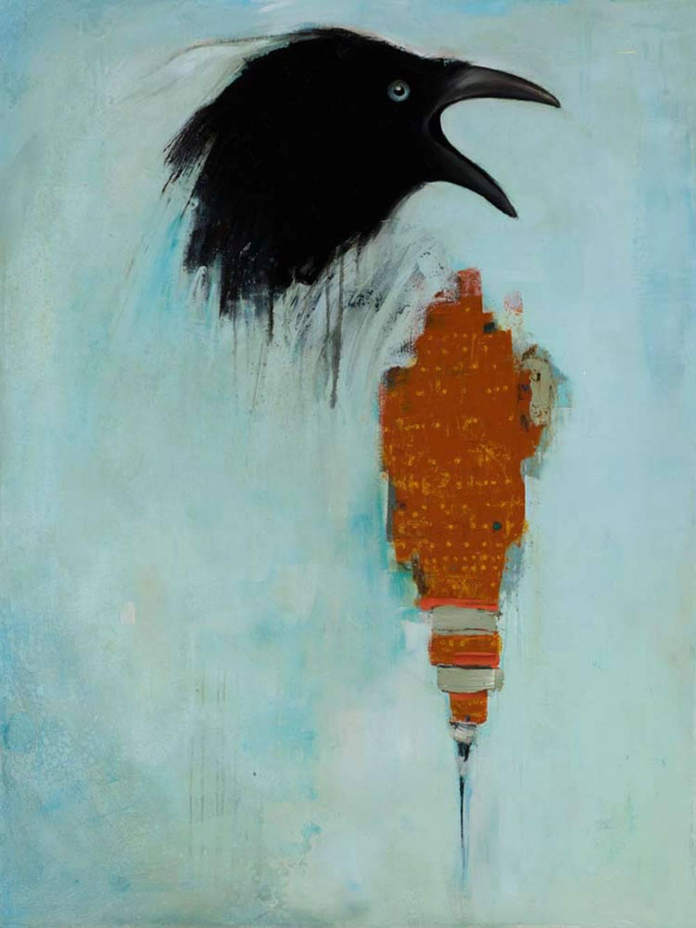 Michele Mikesell Animal Painting - Go Dolphin Home, animal abstract painting, oil on canvas, blue with black bird