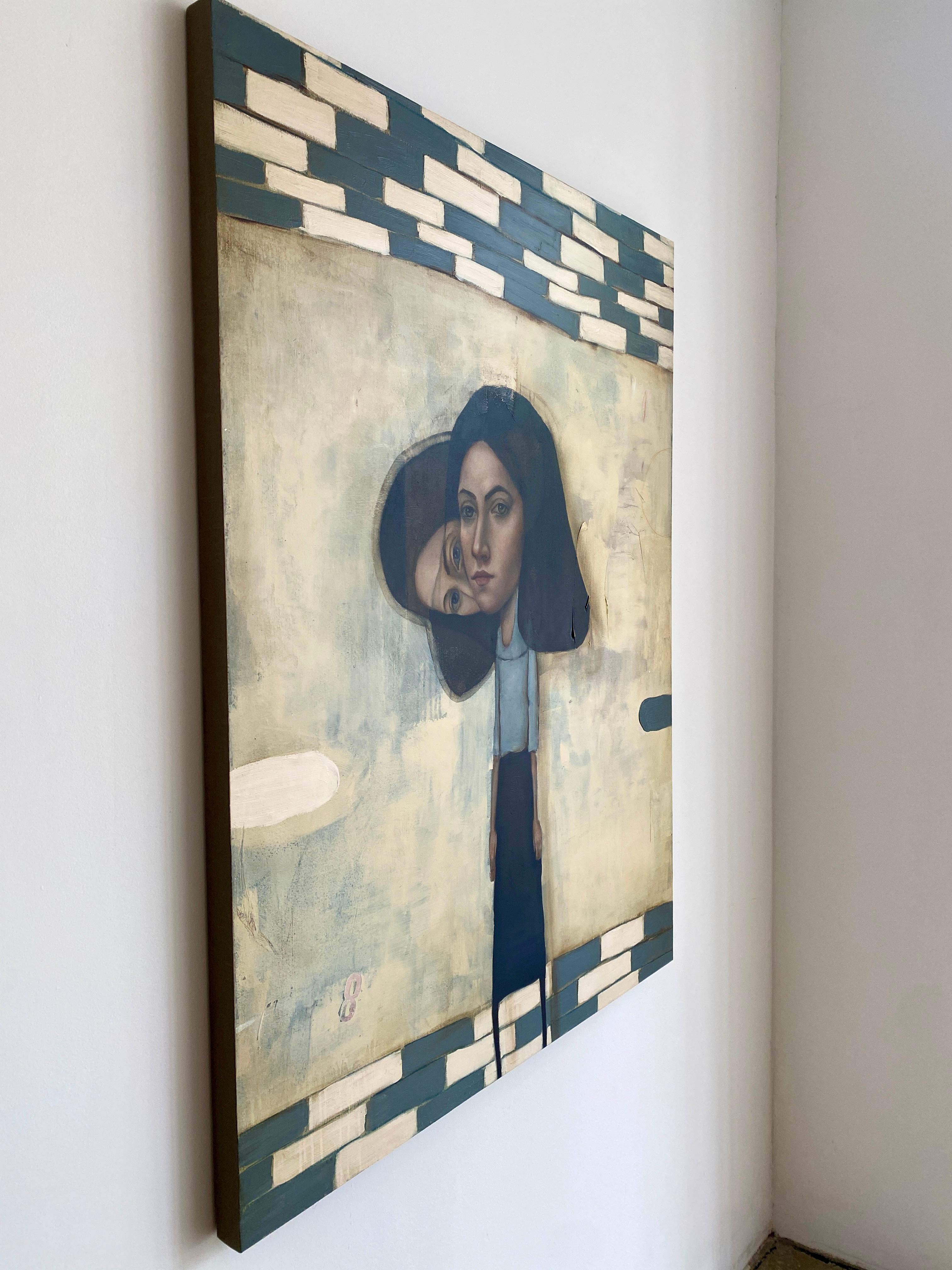 Hecate, surreal figurative abstract painting of woman with two heads and pattern - Painting by Michele Mikesell