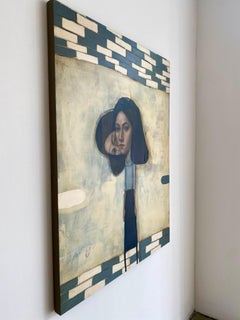 Hecate, surrealistische figurative abstrakte Malerei der Frau mit zwei Köpfen und Muster