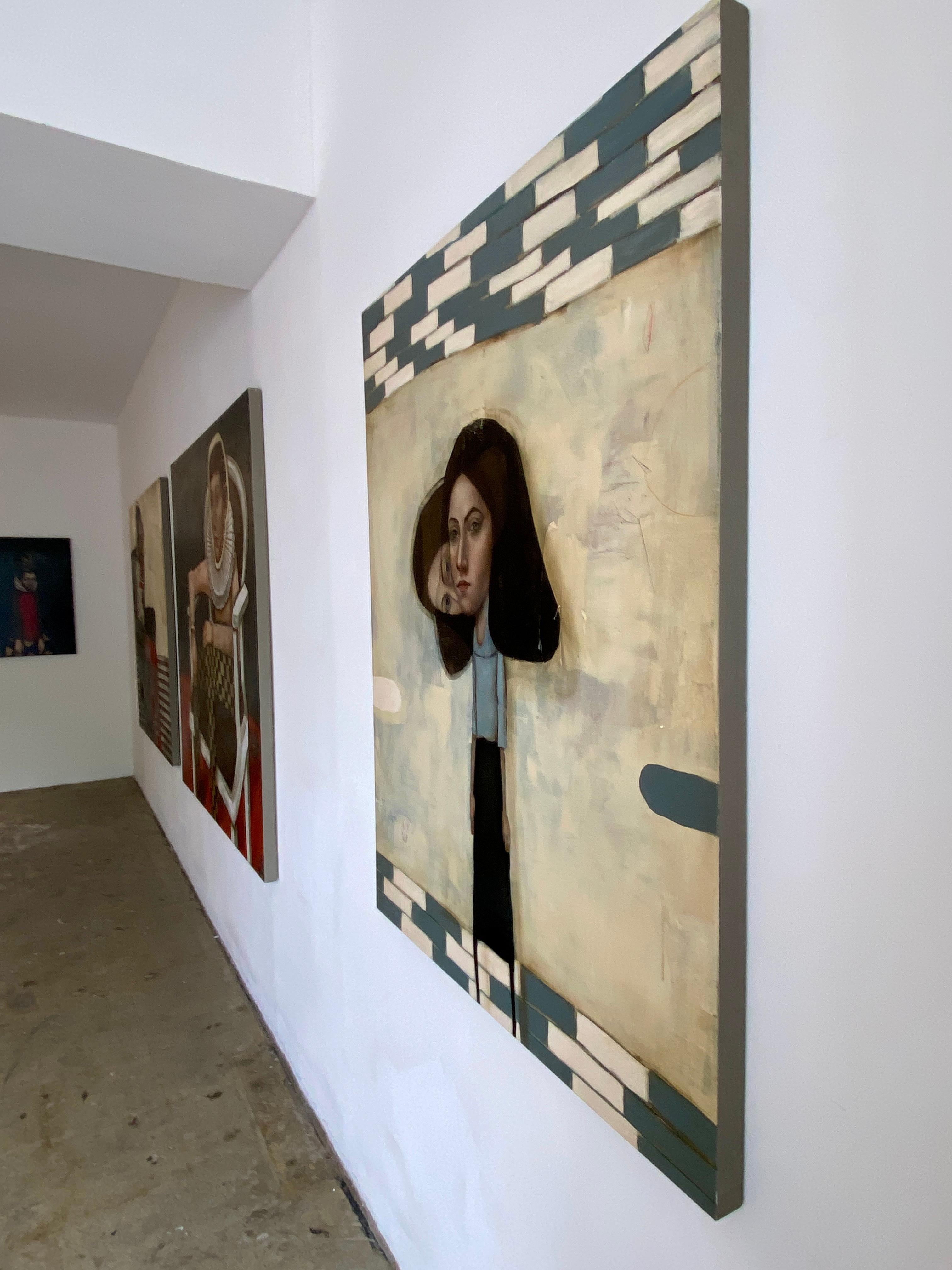 Hecate, surreal figurative abstract painting of woman with two heads and pattern - Contemporary Painting by Michele Mikesell