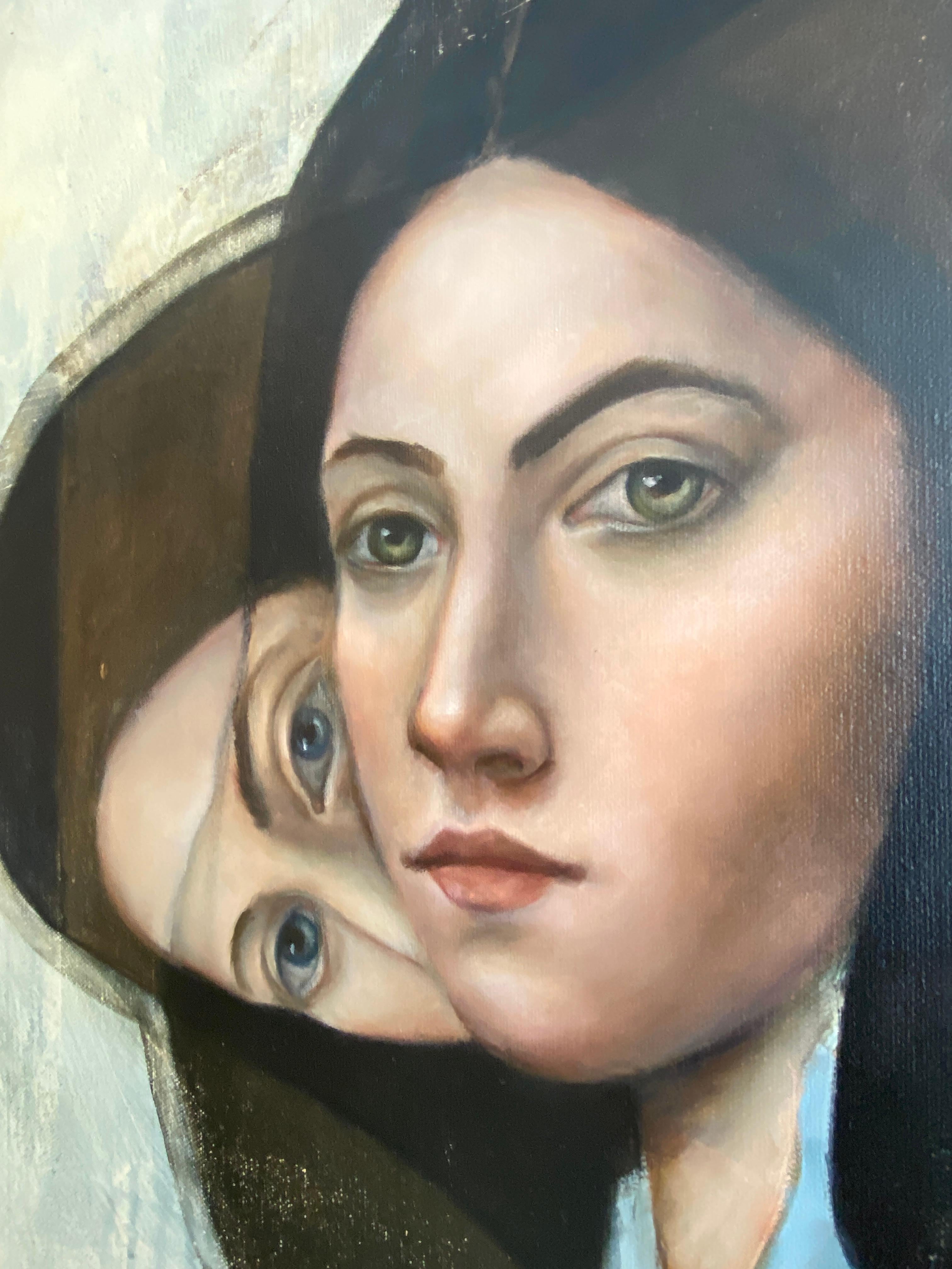 Hecate, surreal figurative abstract painting of woman with two heads and pattern - Beige Figurative Painting by Michele Mikesell