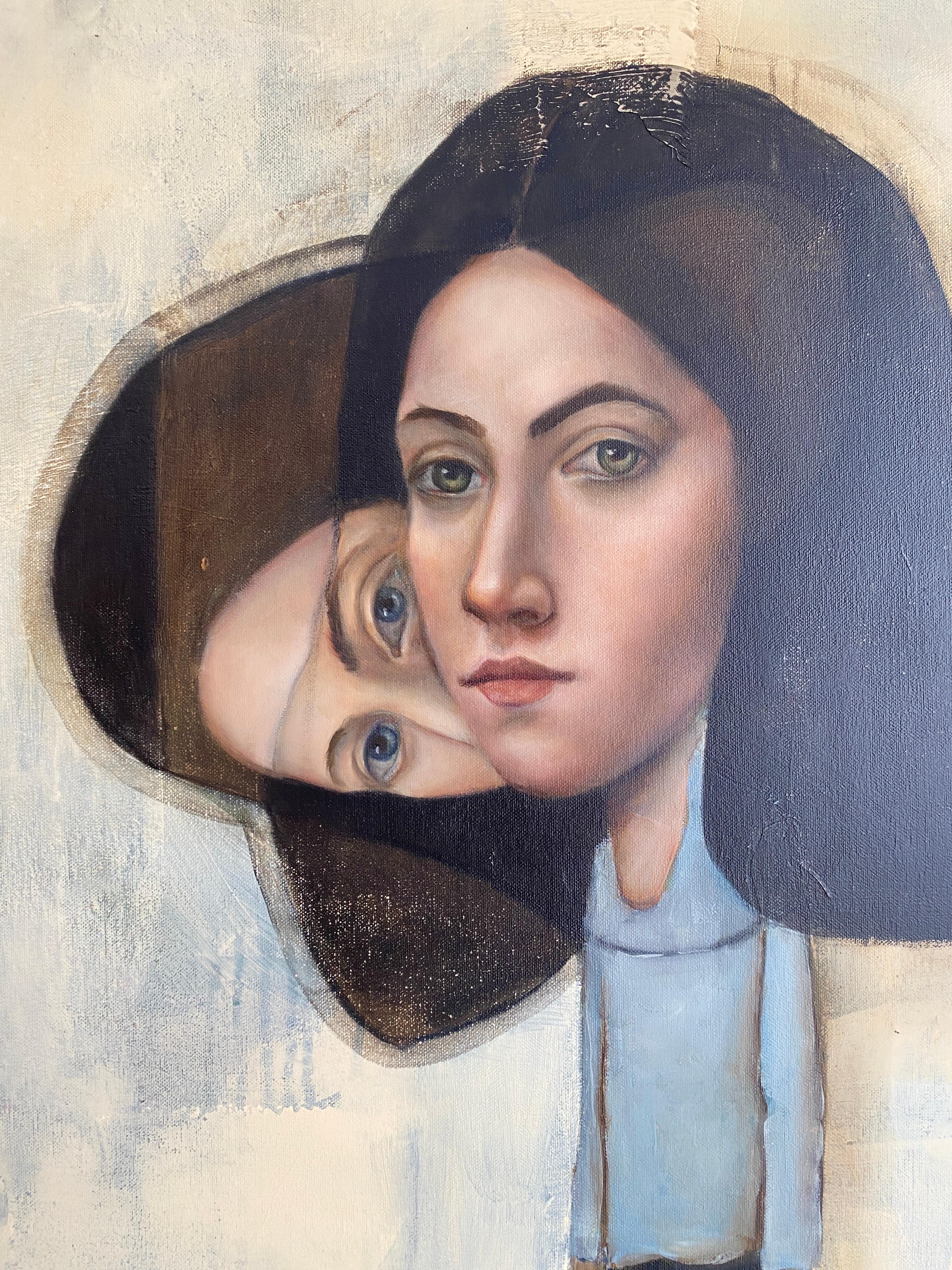Hecate, 2025
Oil on canvas
48 x 36 in  122 x 91 cm

Michele Mikesell’s Hecate is a striking figurative painting featuring a woman in a double vision, her dark hair framing a face rendered with haunting clarity. The figure sits against a pale,