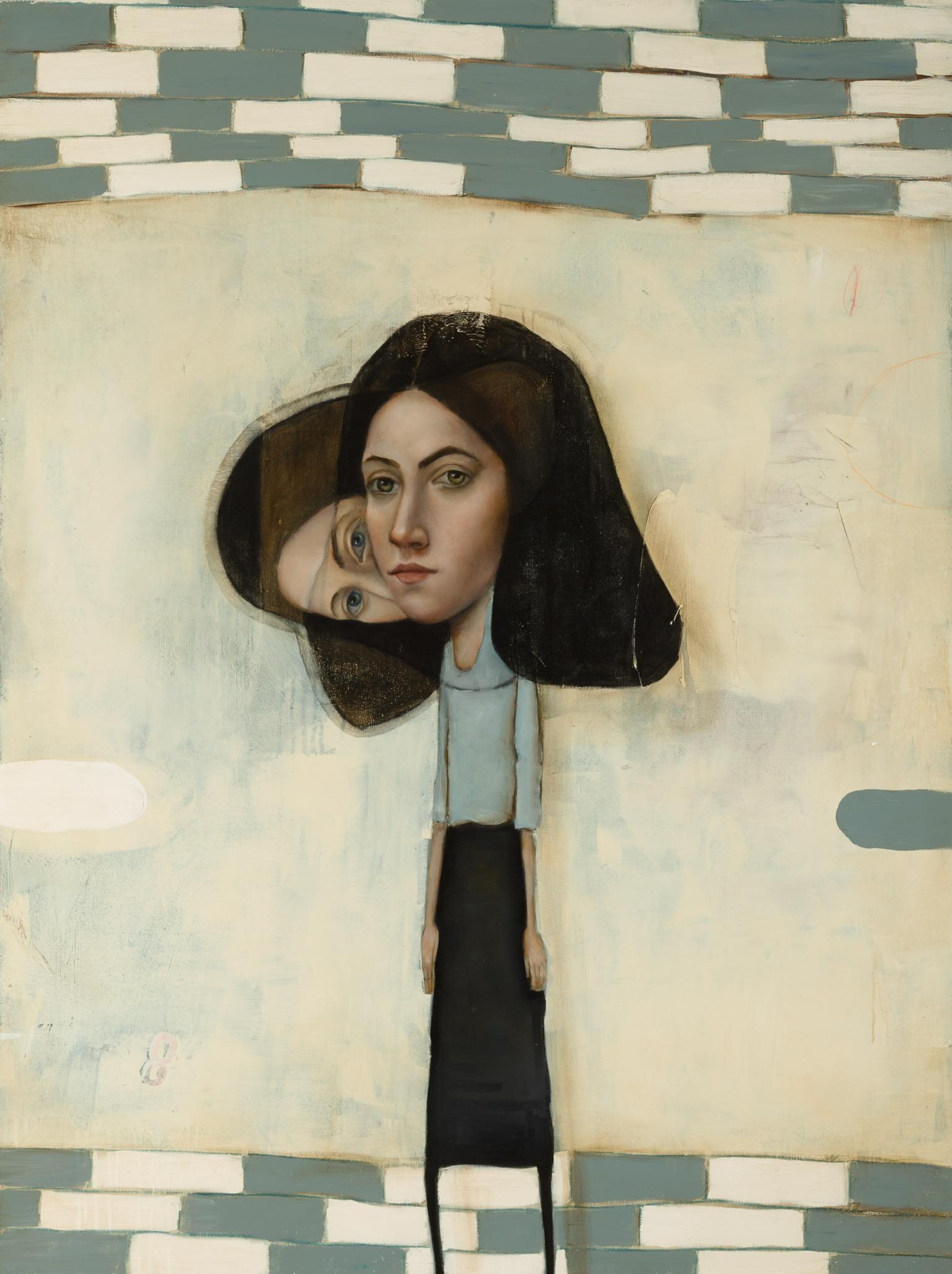 Michele Mikesell Figurative Painting - Hecate, surreal figurative abstract painting of woman with two heads and pattern