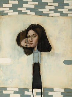 Hécate, pintura abstracta figurativa surrealista de mujer con dos cabezas y dibujo