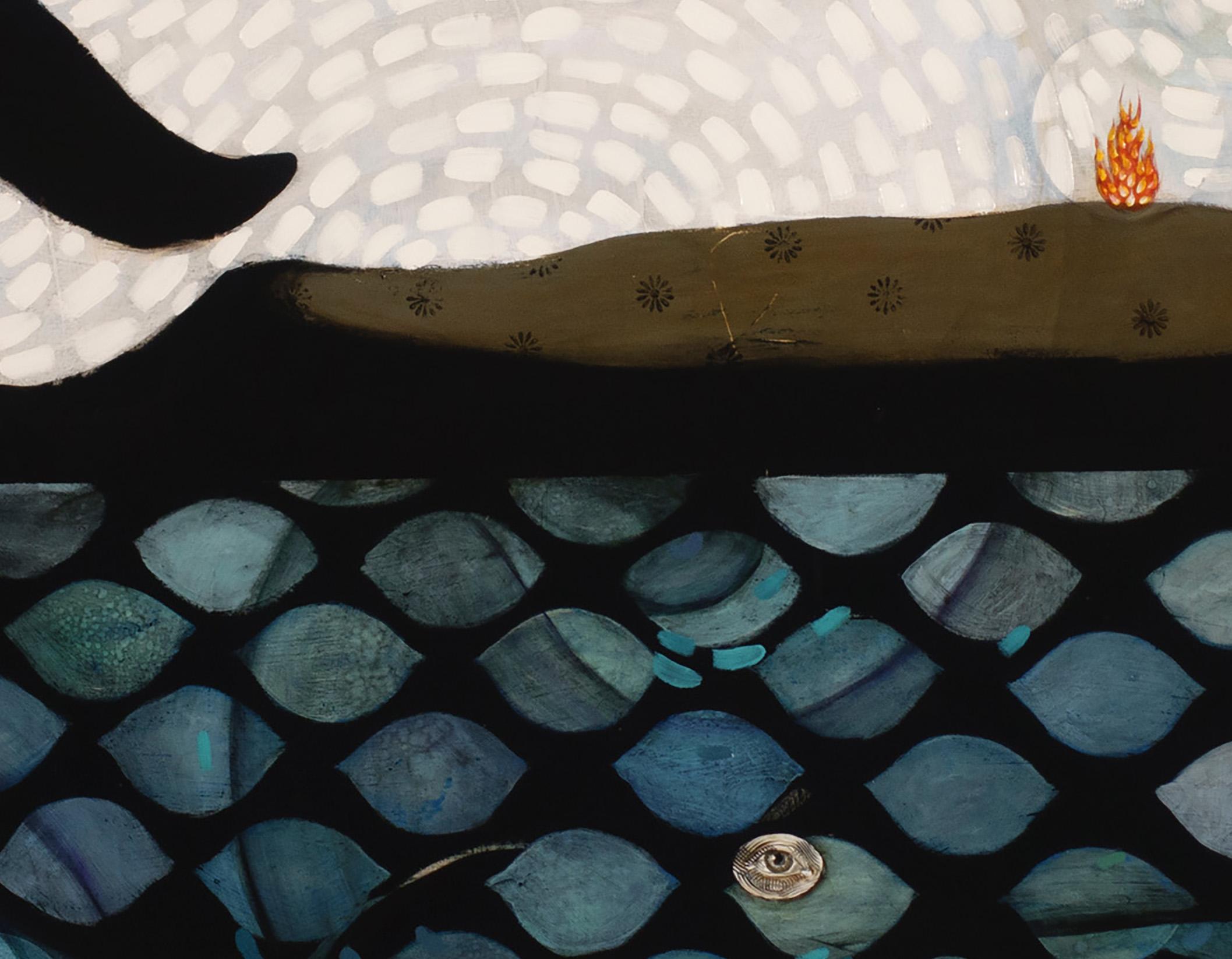 Jasconius la baleine, grande peinture à l'huile d'une baleine, palette de couleurs bleues et design en vente 2