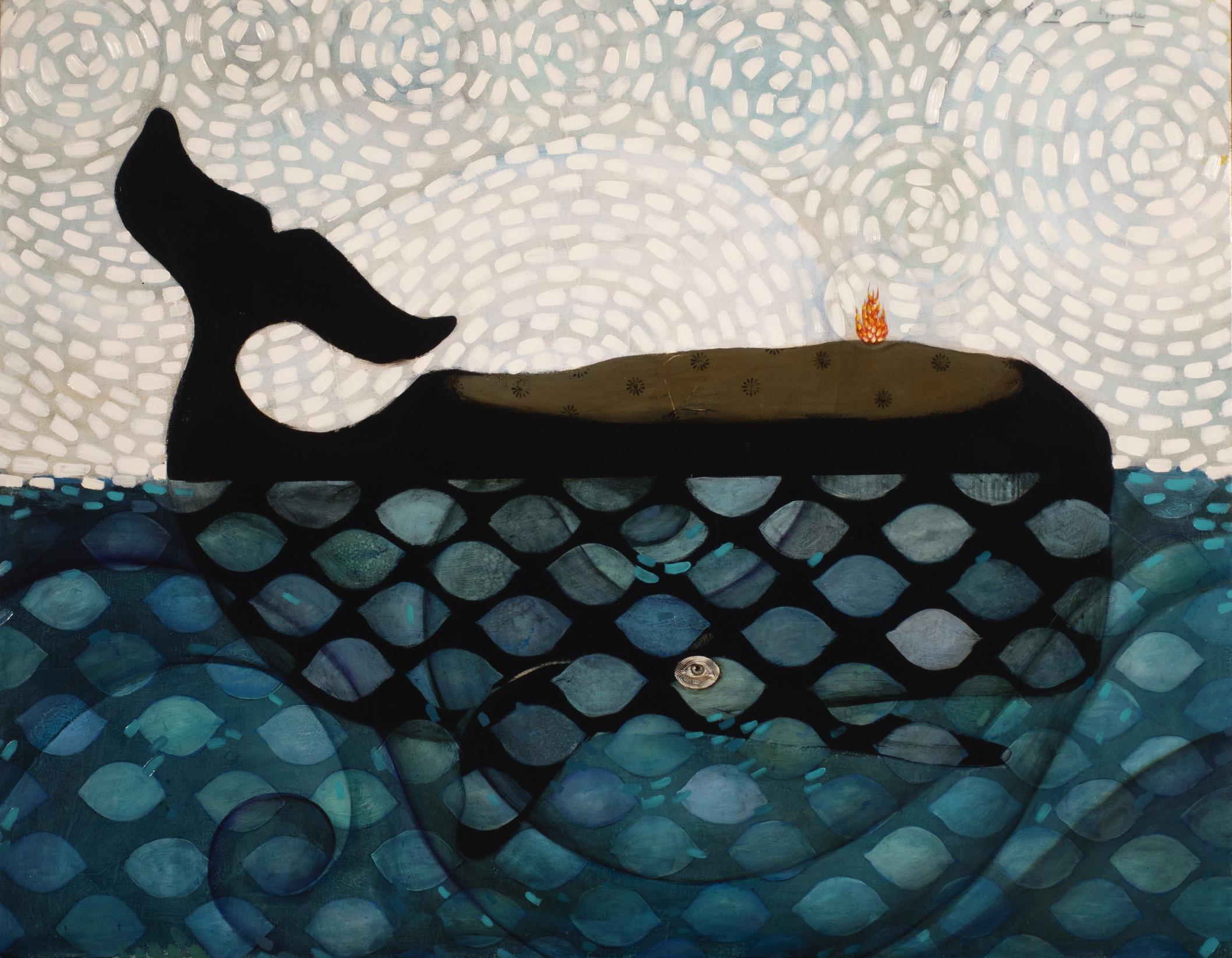 Michele Mikesell Animal Painting – Jasconius der Wal, großes Ölgemälde eines Wales, blaue Farbpalette und Design