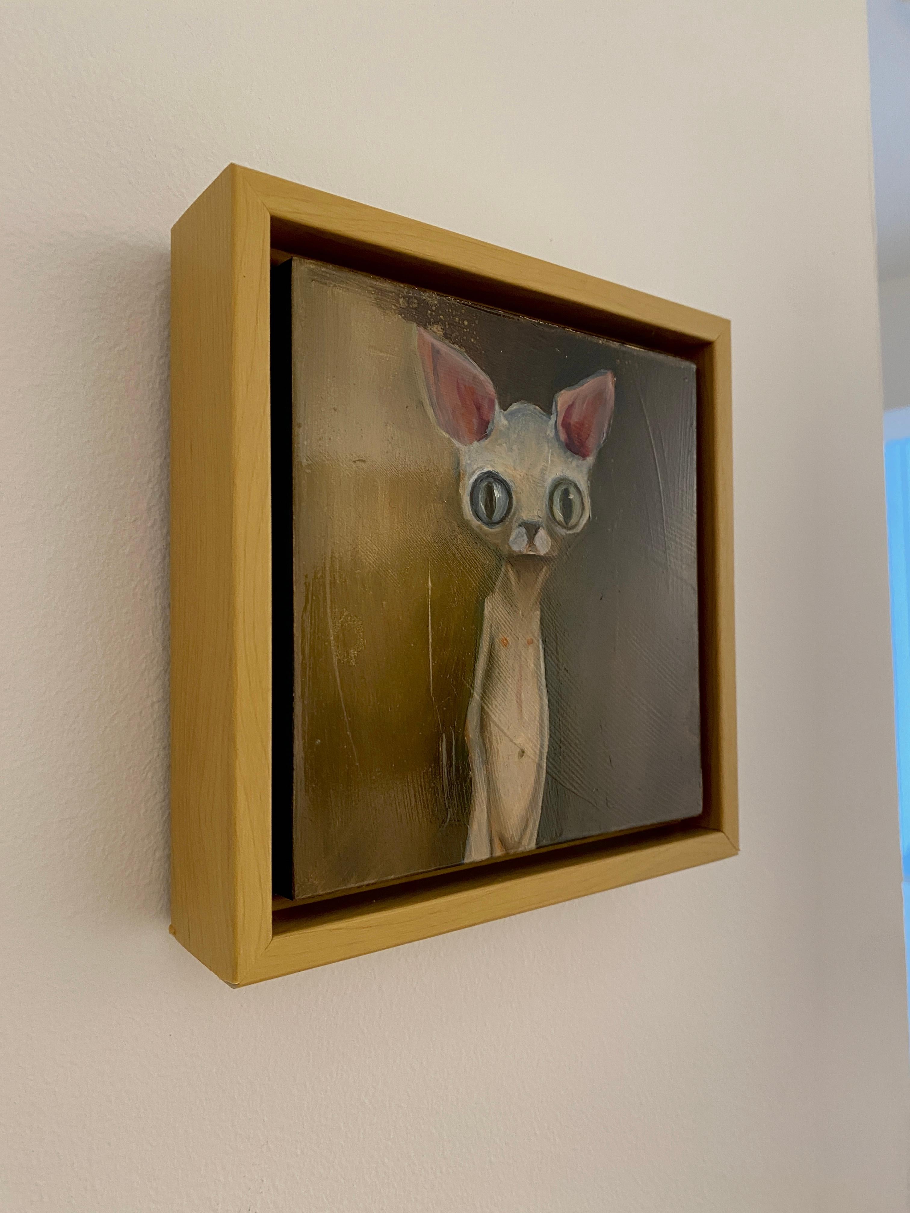 Jenny - Skurriles Katzenporträt mit großen Augen, surreale figurative Kunst im Angebot 5