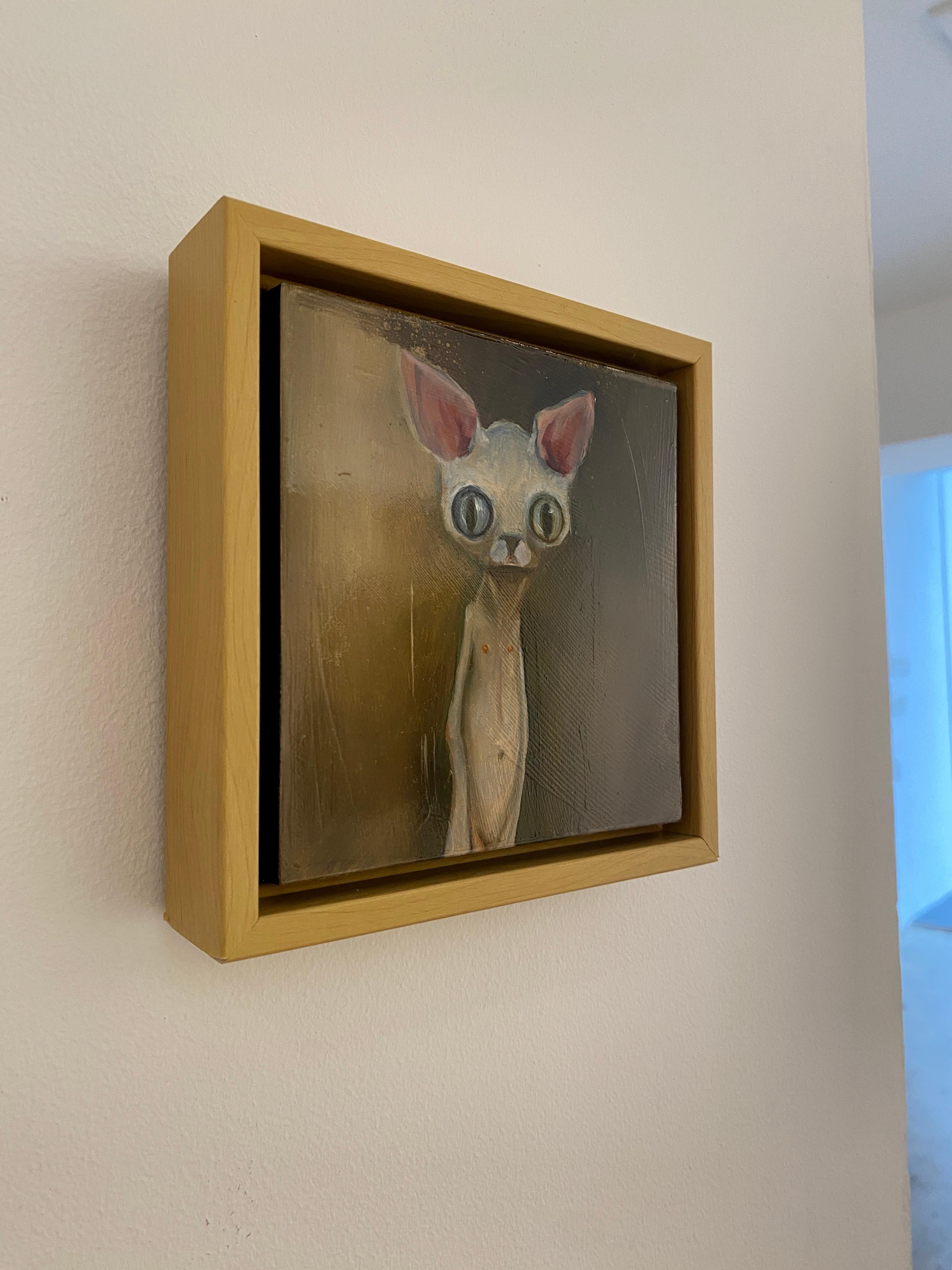 Jenny - Skurriles Katzenporträt mit großen Augen, surreale figurative Kunst im Angebot 6